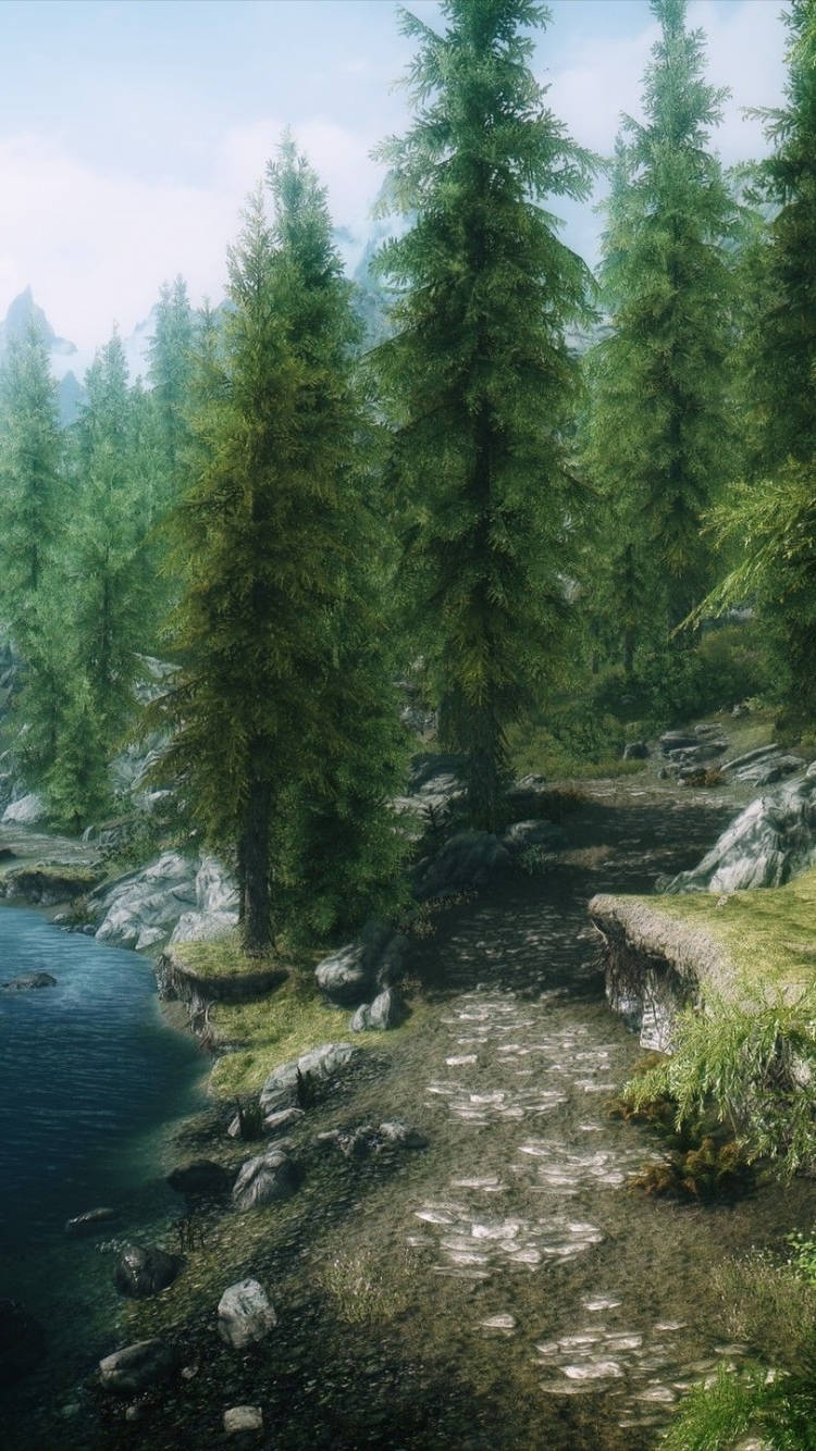 Skyrim Phone 桌布 壁紙 — 一條蜿蜒的石徑穿過茂密的松樹林，旁邊是一條平靜的河流，天空明亮。