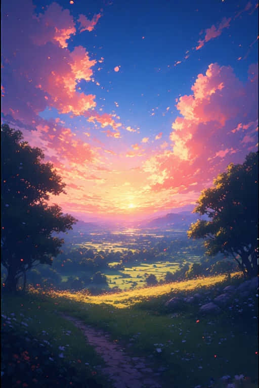 Anime Sunset Rural Scenery Dreamy Vibrant 4K 壁紙 — 一條蜿蜒的石徑穿過長滿草的山坡，通往一個沐浴在金色夕陽下的山谷，天空被粉紅色和橙色的雲彩染成。