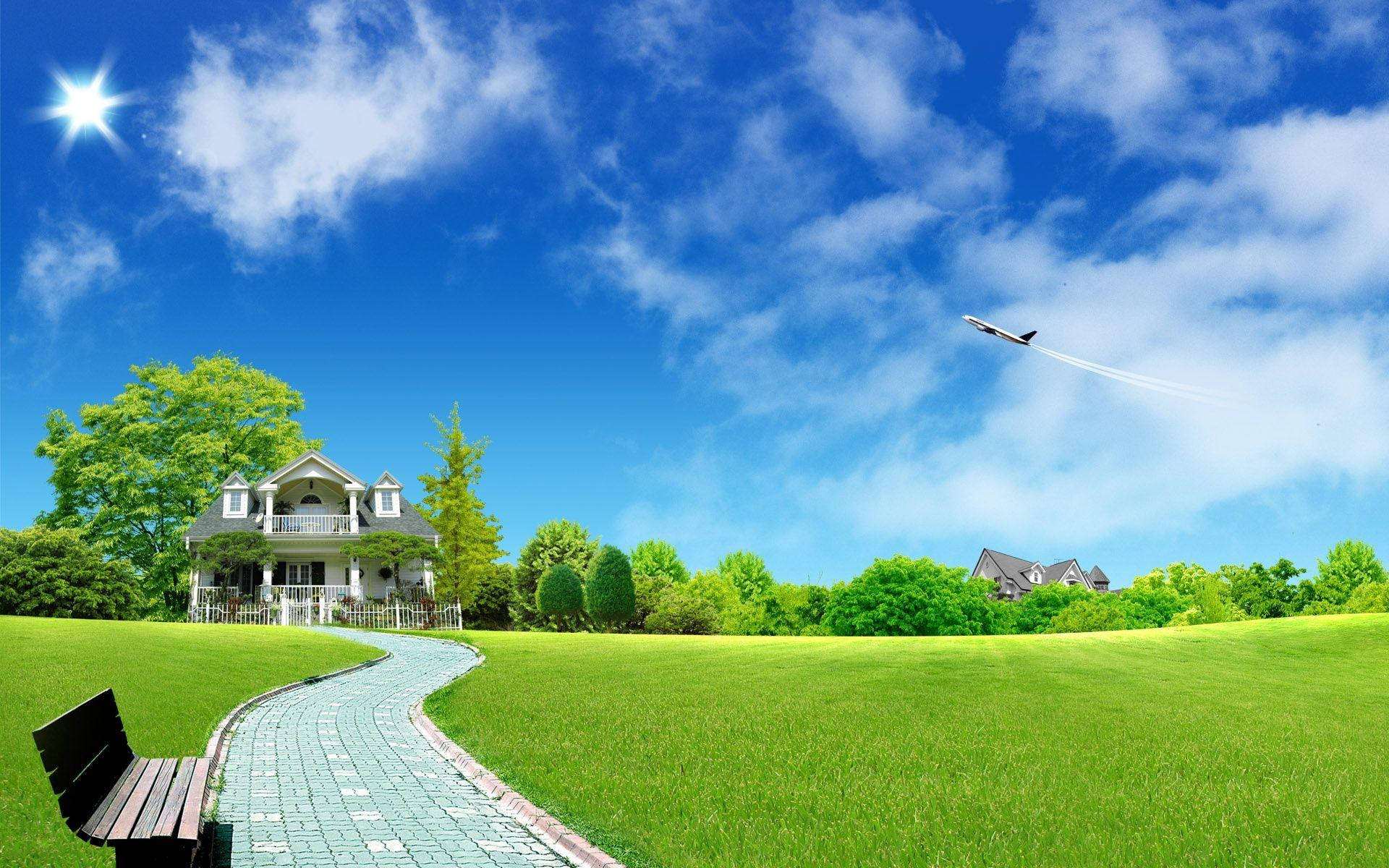 Home Sweet Home 桌布 壁紙 — 一條蜿蜒的石徑通向一座迷人的房子，坐落在充滿活力的綠草中，在明亮的藍天下有一架飛行的飛機。