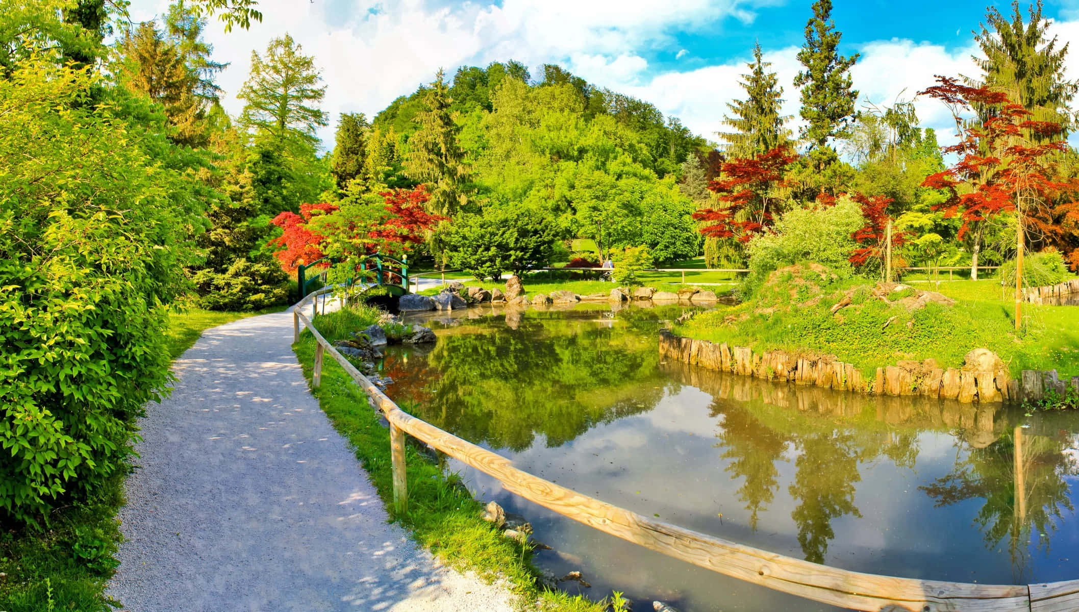 Garden Design 桌布 壁紙 — 一條蜿蜒的碎石路在平靜的池塘旁蜿蜒曲折，池塘倒映著鮮豔的綠色和紅色樹葉，上方是明亮的藍天。