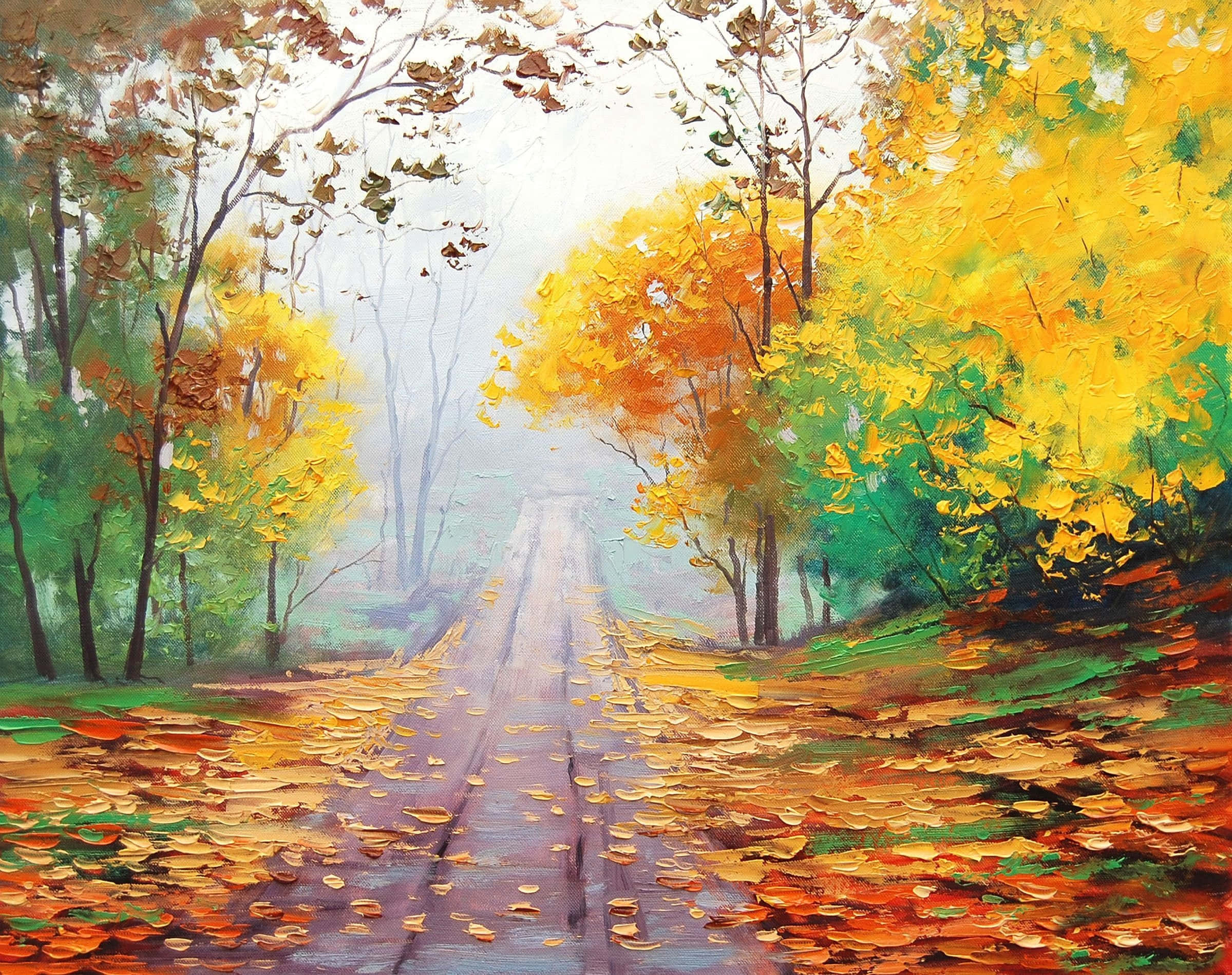 Painting 桌布 壁紙 — 一條蜿蜒的秋季道路，鋪滿金色落葉，穿過霧氣瀰漫的森林，樹木呈現鮮豔的黃色和橙色。