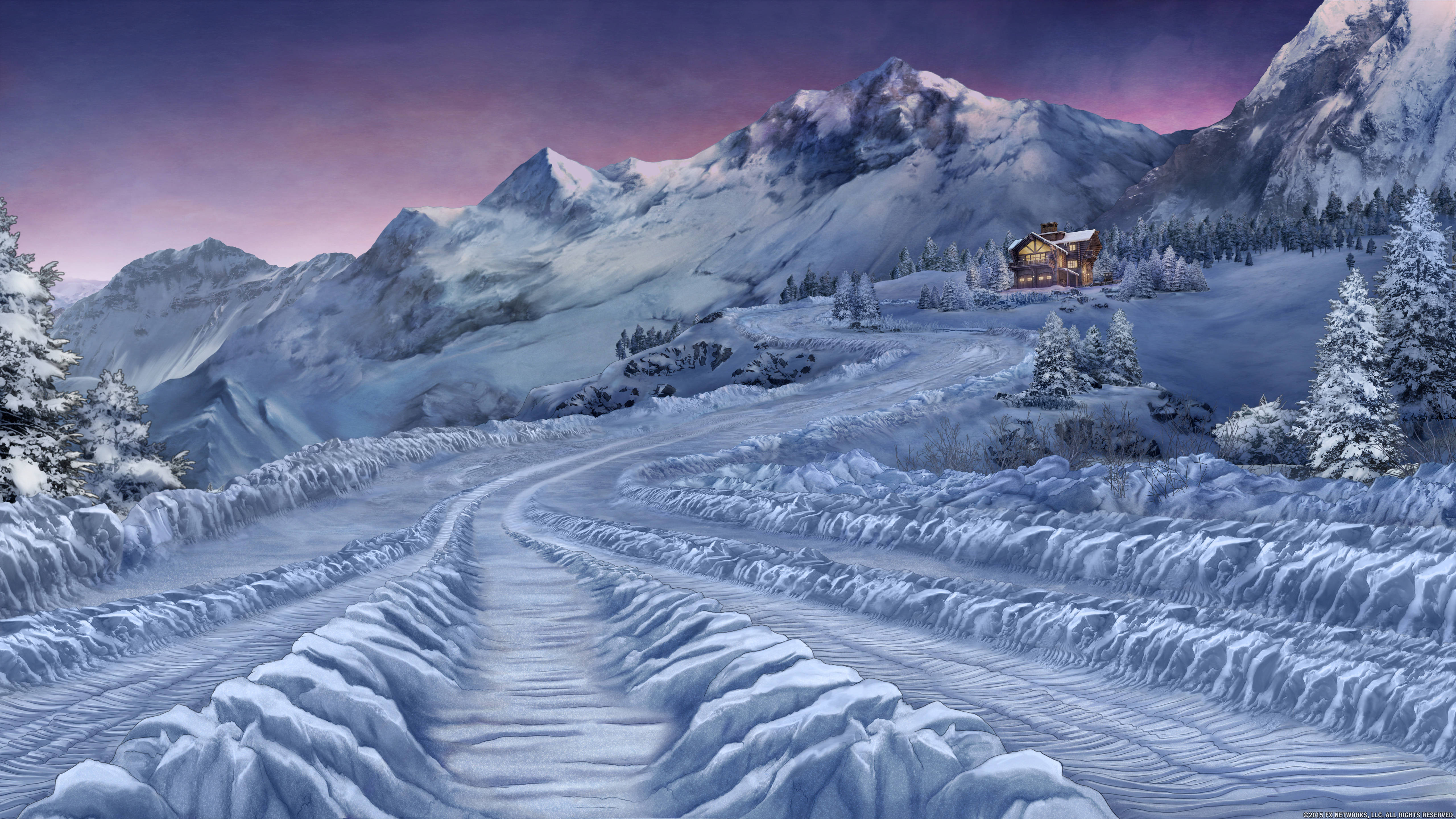 archer 桌布 壁紙 — 一條蜿蜒的積雪道路通向一間舒適的小屋，坐落在白雪覆蓋的松樹和巍峨群山之間，天空籠罩著暮色。