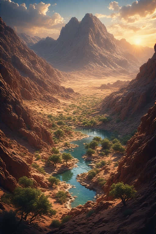 Desert Landscape with Oasis 8K Golden Hour 壁紙 — 一條蜿蜒的藍綠色河流流經狹窄的峽谷，兩旁是高聳的紅色岩層，上方是金色的日落天空。