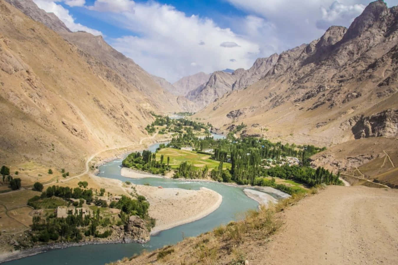 Afghanistan 桌布 壁紙 — 一條蜿蜒的藍綠色河流穿過崎嶇的山谷，一個綠洲村莊坐落在藍天白雲下。