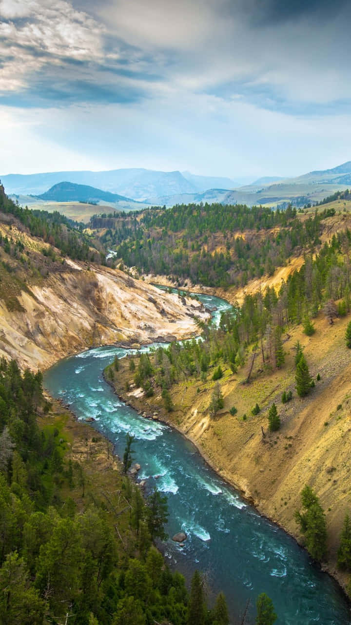Yellowstone 桌布 壁紙 — 一條蜿蜒的藍綠色河流穿過崎嶇的峽谷，兩旁是森林和遠處的山脈，天空部分多雲。
