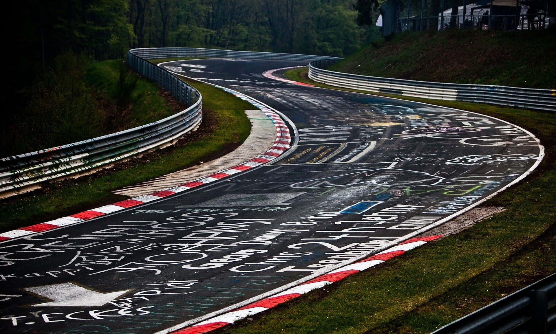 Race Track 桌布 壁紙 — 一條蜿蜒的賽道穿過森林，瀝青路面佈滿塗鴉，並有紅白路緣。
