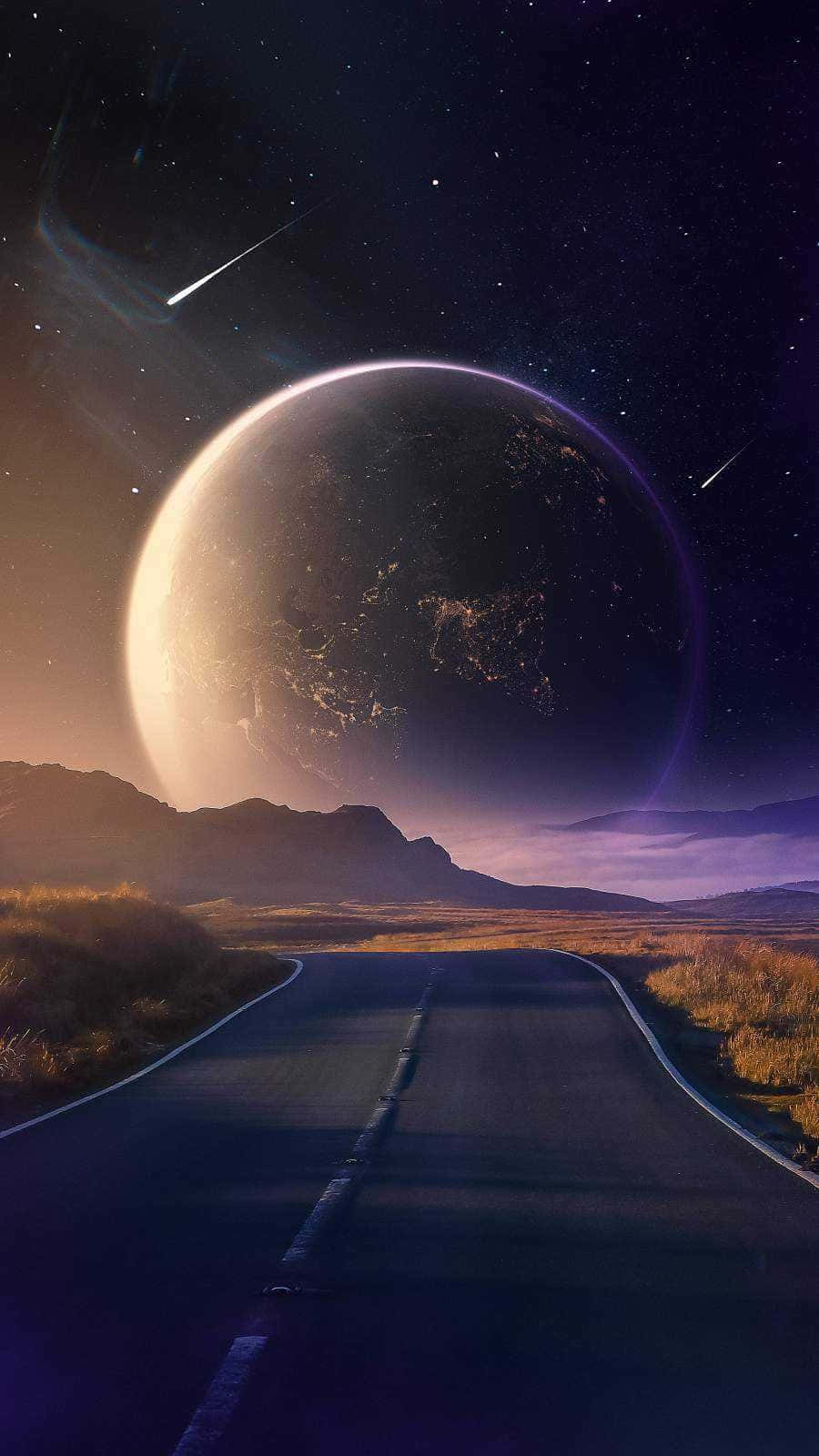 Cool Moon 桌布 壁紙 — 一條蜿蜒的道路伸向一顆巨大的發光行星，在繁星點點的宇宙天空中，伴有流星。