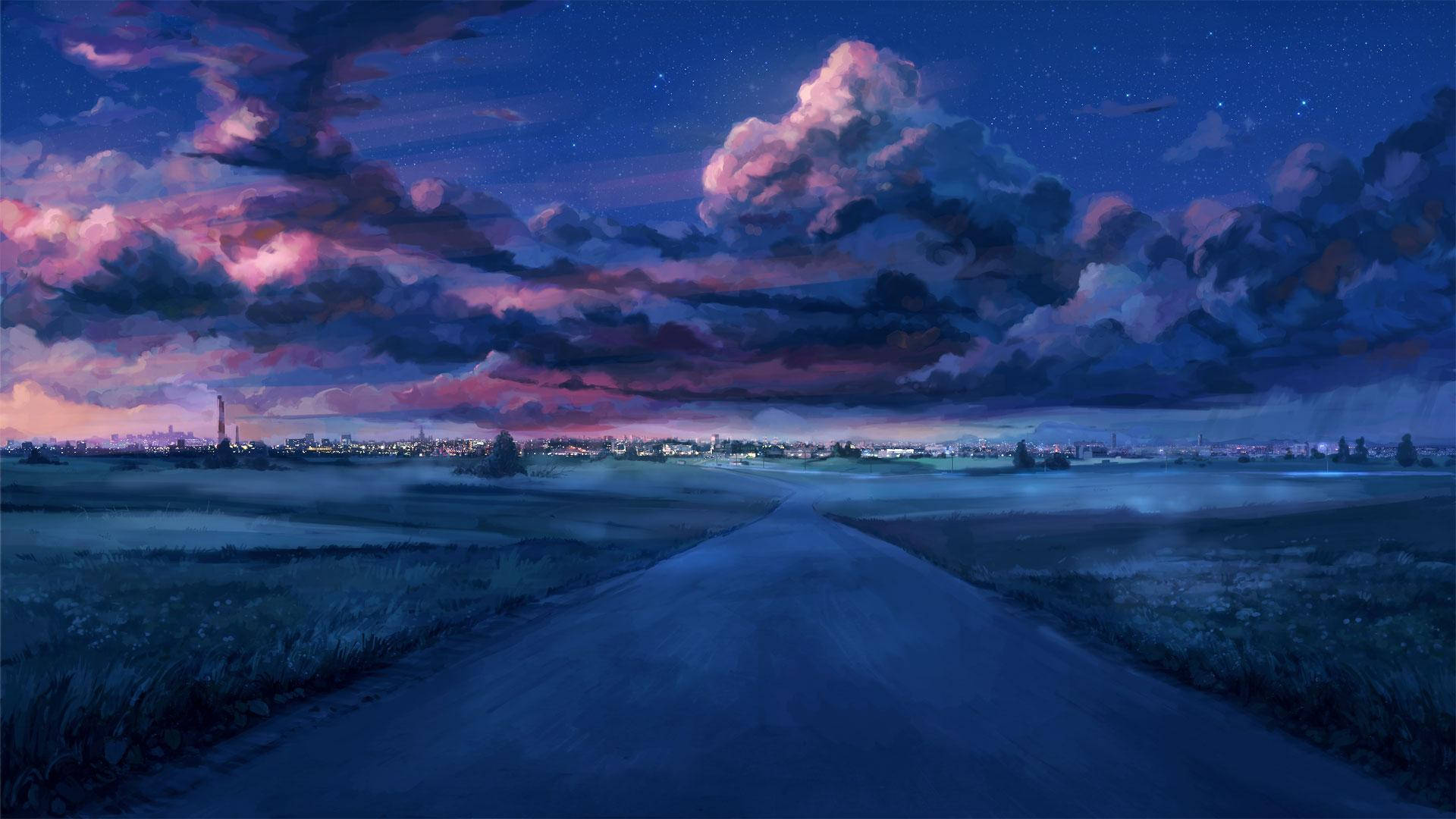 夜空 桌布 壁紙 — 一條蜿蜒的道路伸向遠方的城市，在繁星點點的暮色天空下，天空被紫色和粉紅色的雲彩塗抹。