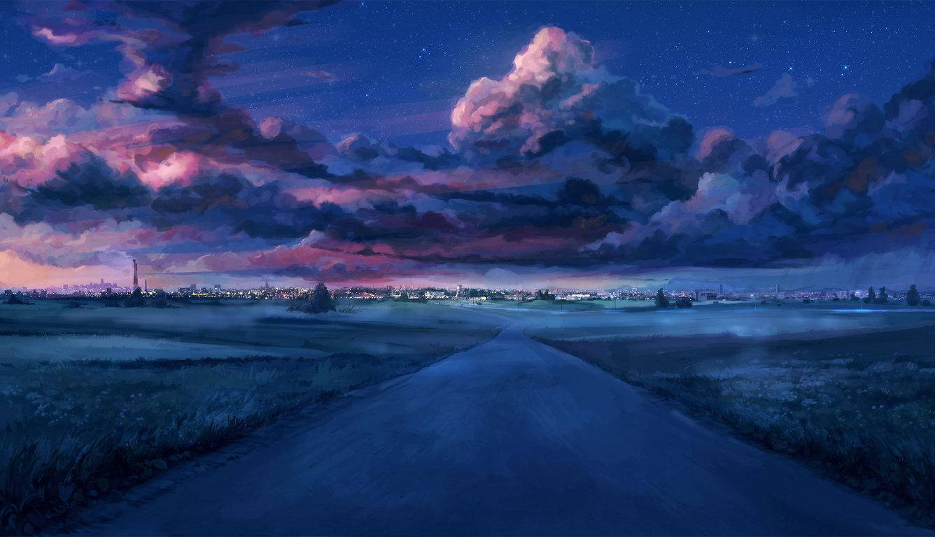 唯美動漫筆電 桌布 壁紙 — 一條蜿蜒的道路在佈滿星星的暮色天空下，向著遠方的城市延伸，天空被粉紅色和紫色的雲彩染上色彩。