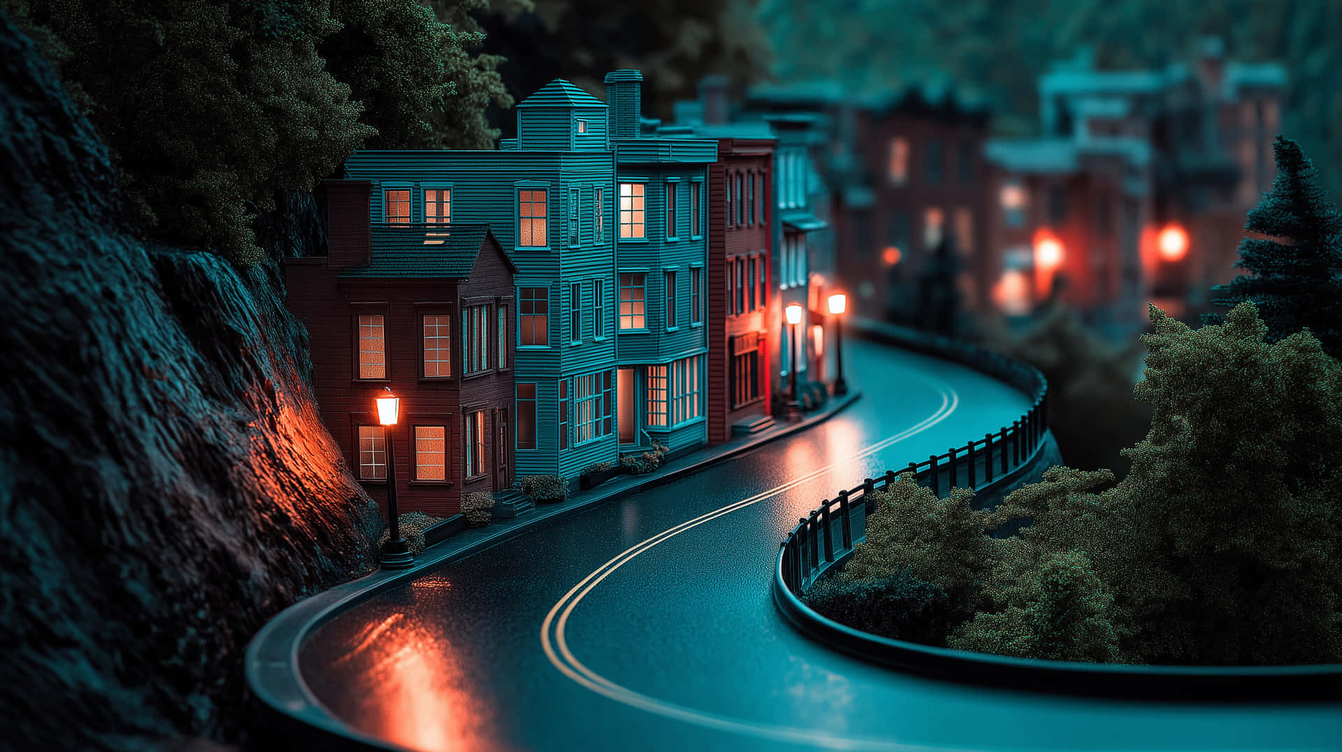 Quaint Townhouses on a Winding Road at Twilight 壁紙 — 一條蜿蜒的道路在夜晚繞過色彩繽紛的房屋，發光的窗戶和街燈反射在潮濕的路面上。