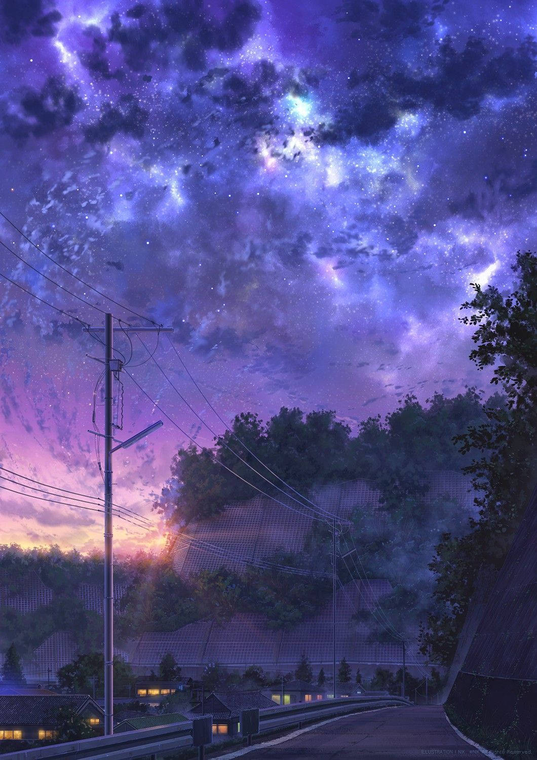 酷炫星系 桌布 壁紙 — 一條蜿蜒的道路在暮色中，下方是充滿活力的紫色和藍色星空，帶有發光的雲彩和遠處的村莊燈光。