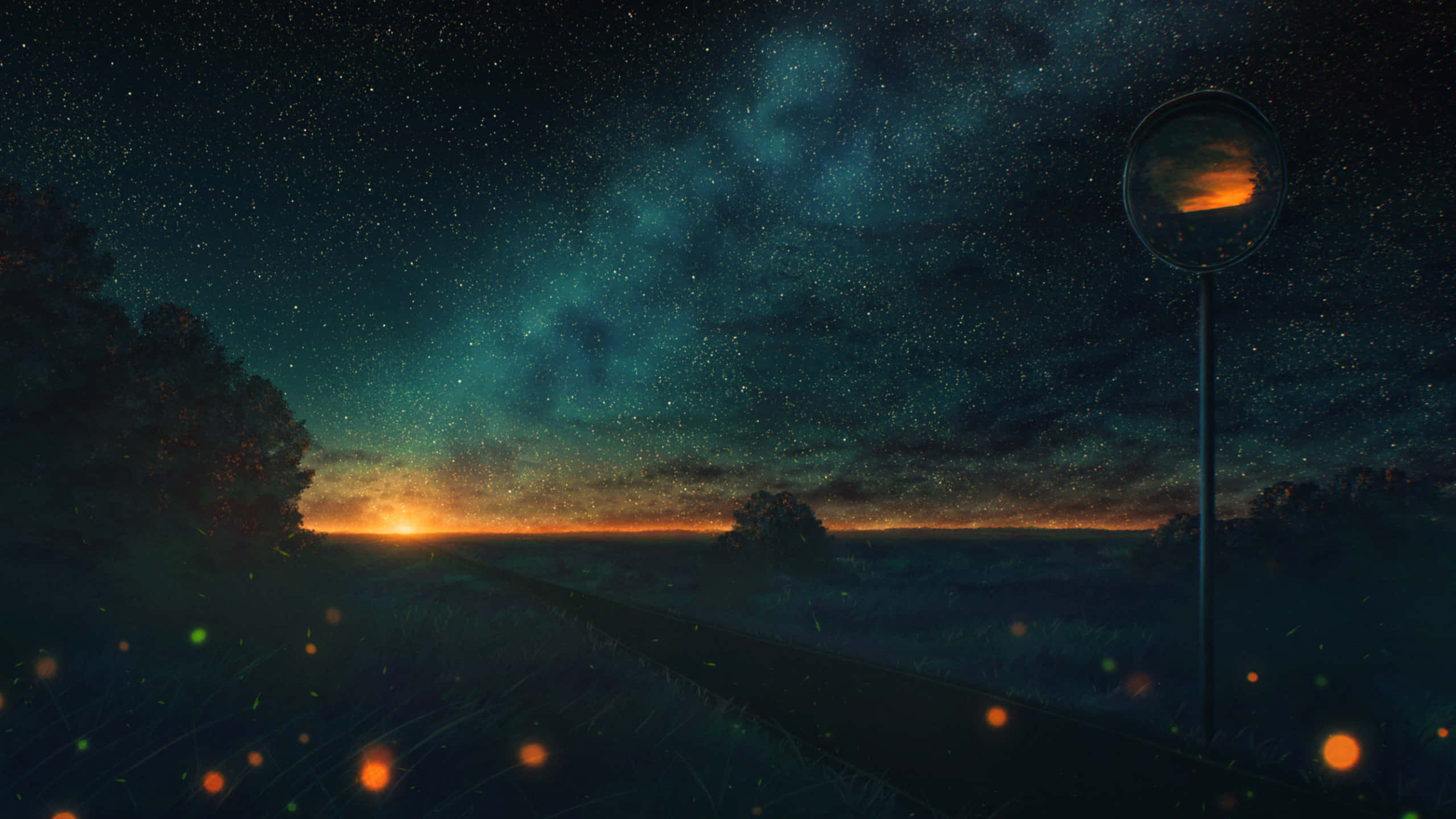 太空 桌布 壁紙 — 一條蜿蜒的道路在繁星點點的夜空下延伸，閃耀的銀河和溫暖的地平線光芒。