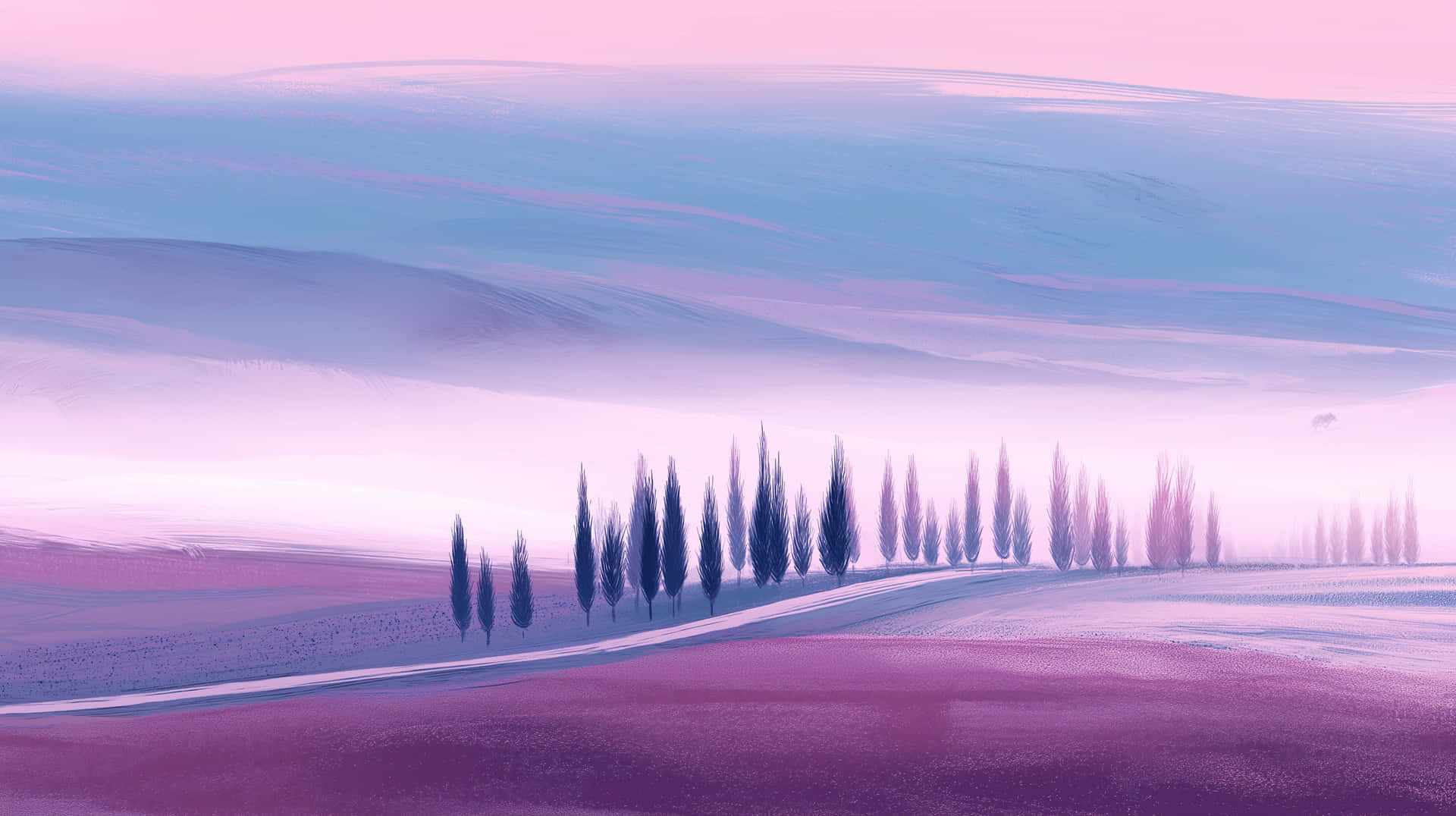 Vintage-Style Minimalistic Painting of Misty Tuscany Hills 壁紙 — 一條蜿蜒的道路在霧氣瀰漫的起伏山丘中蜿蜒，天空柔和粉紅與藍色，高大的柏樹排列在路旁。
