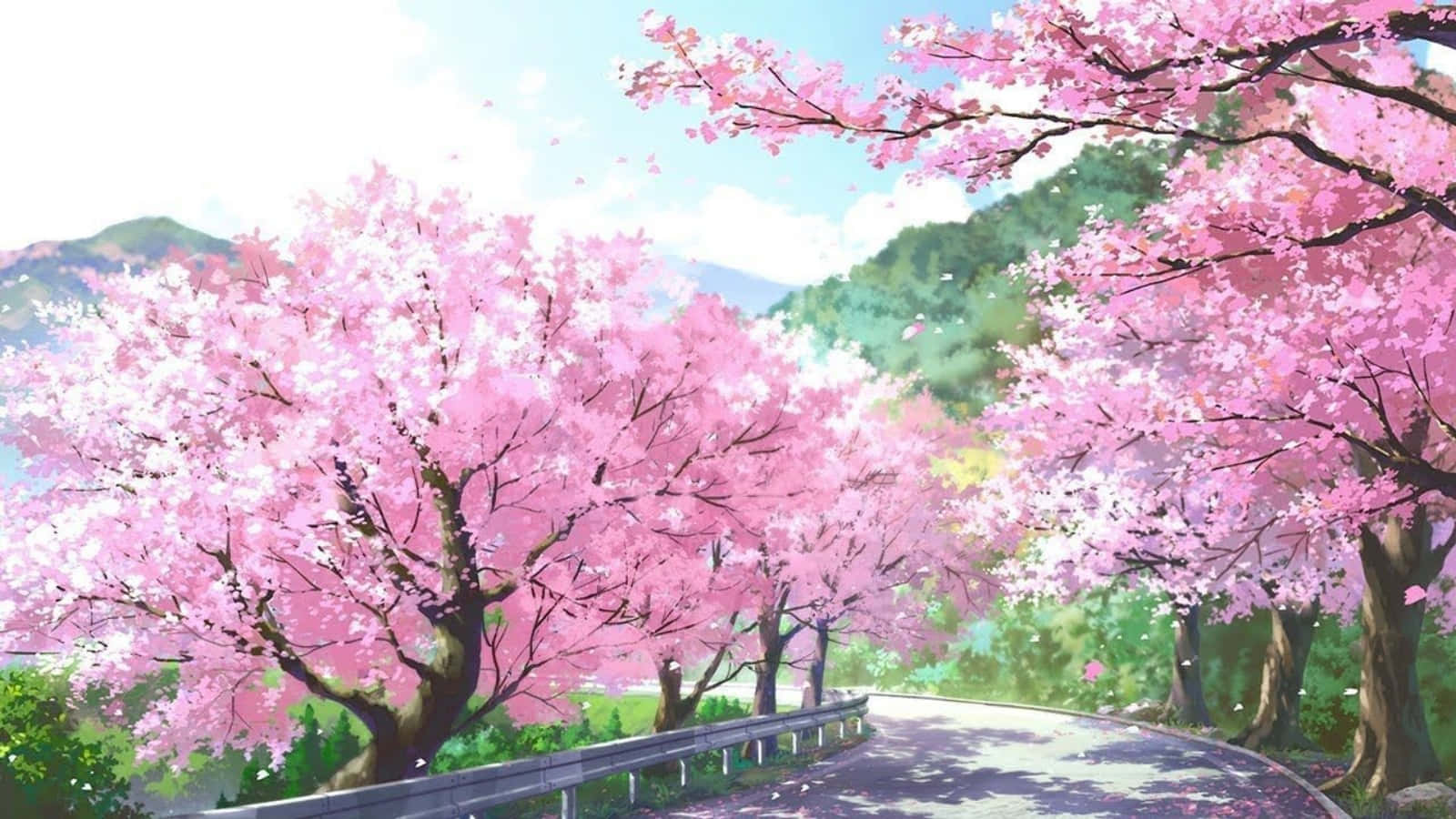 Sakura 桌布 壁紙 — 一條蜿蜒的道路在鮮豔的粉紅色櫻花樹下彎曲，背景是綠色的山丘和明亮的藍天。