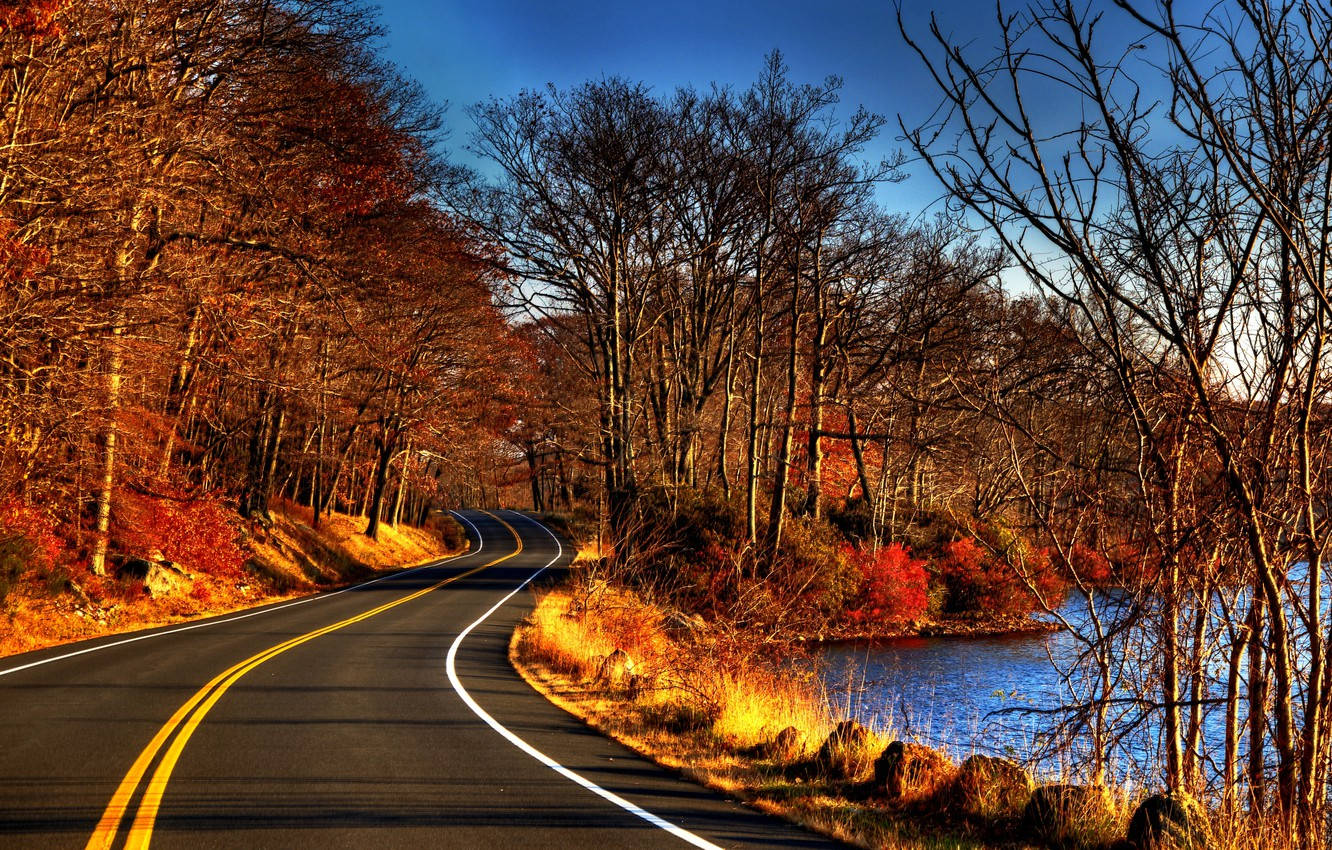 river 桌布 壁紙 — 一條蜿蜒的道路沿著河流穿過秋日樹林，樹葉呈現火熱的橙色和紅色，在清澈的藍天下。