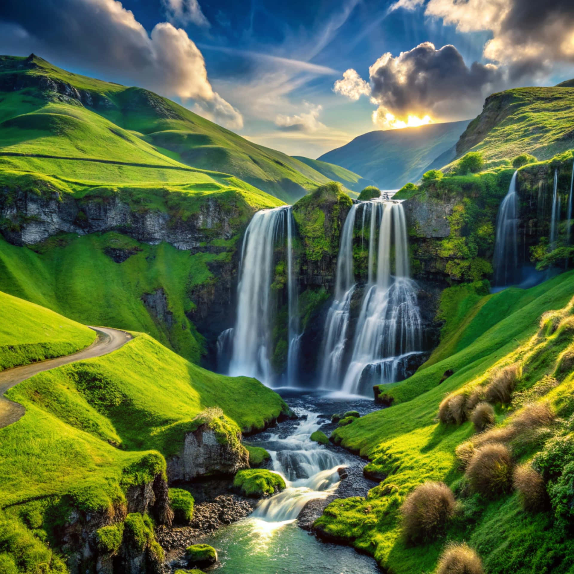 Panorama of a beautiful waterfall 壁紙 — 一條蜿蜒的道路環繞著充滿活力的綠色山坡，多個瀑布在戲劇性的陽光天空下傾瀉入河。