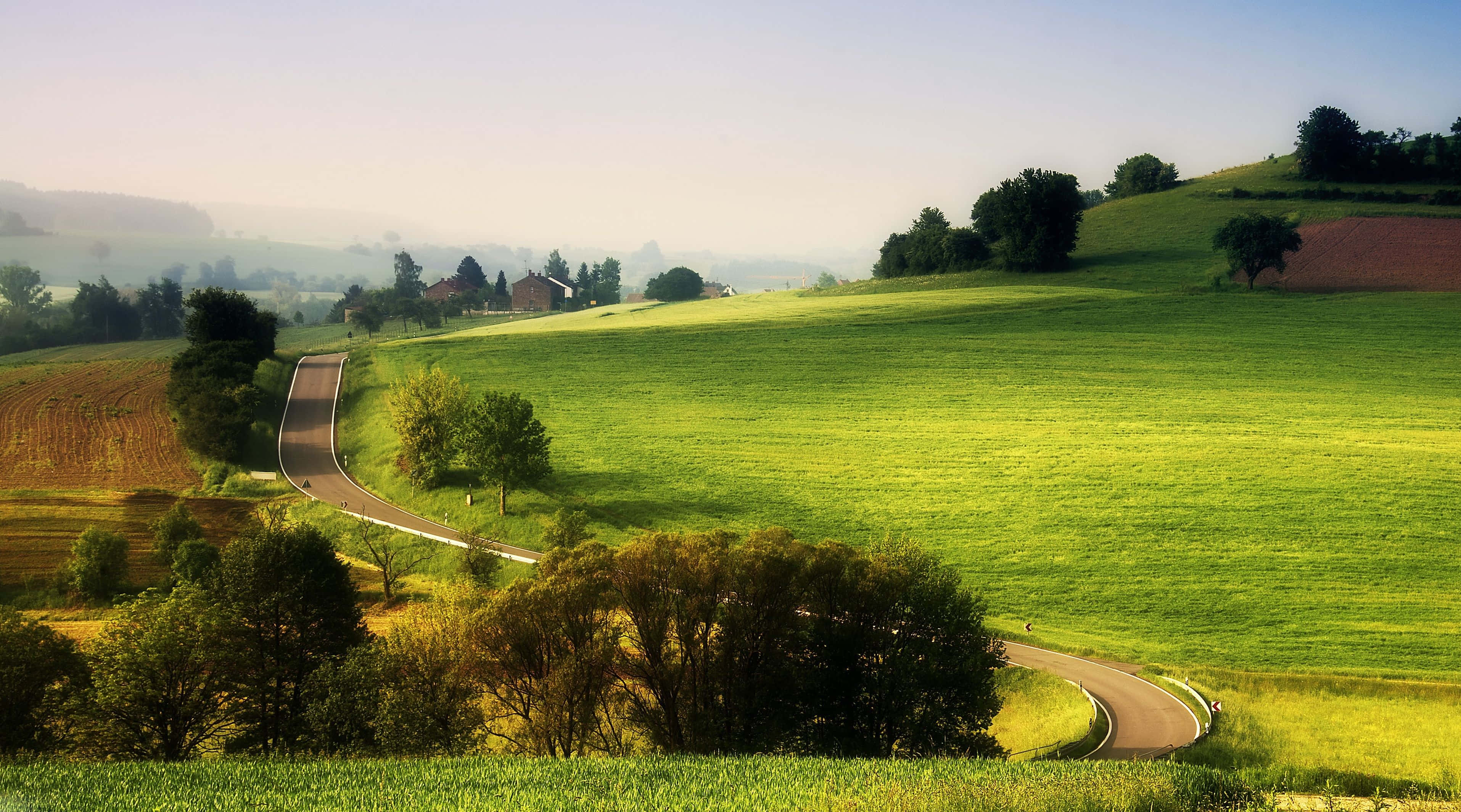 4K Ultra HD Landscape 桌布 壁紙 — 一條蜿蜒的道路穿過充滿活力的綠色山丘，點綴著樹木和遠處的農舍，在柔和的晨空下。