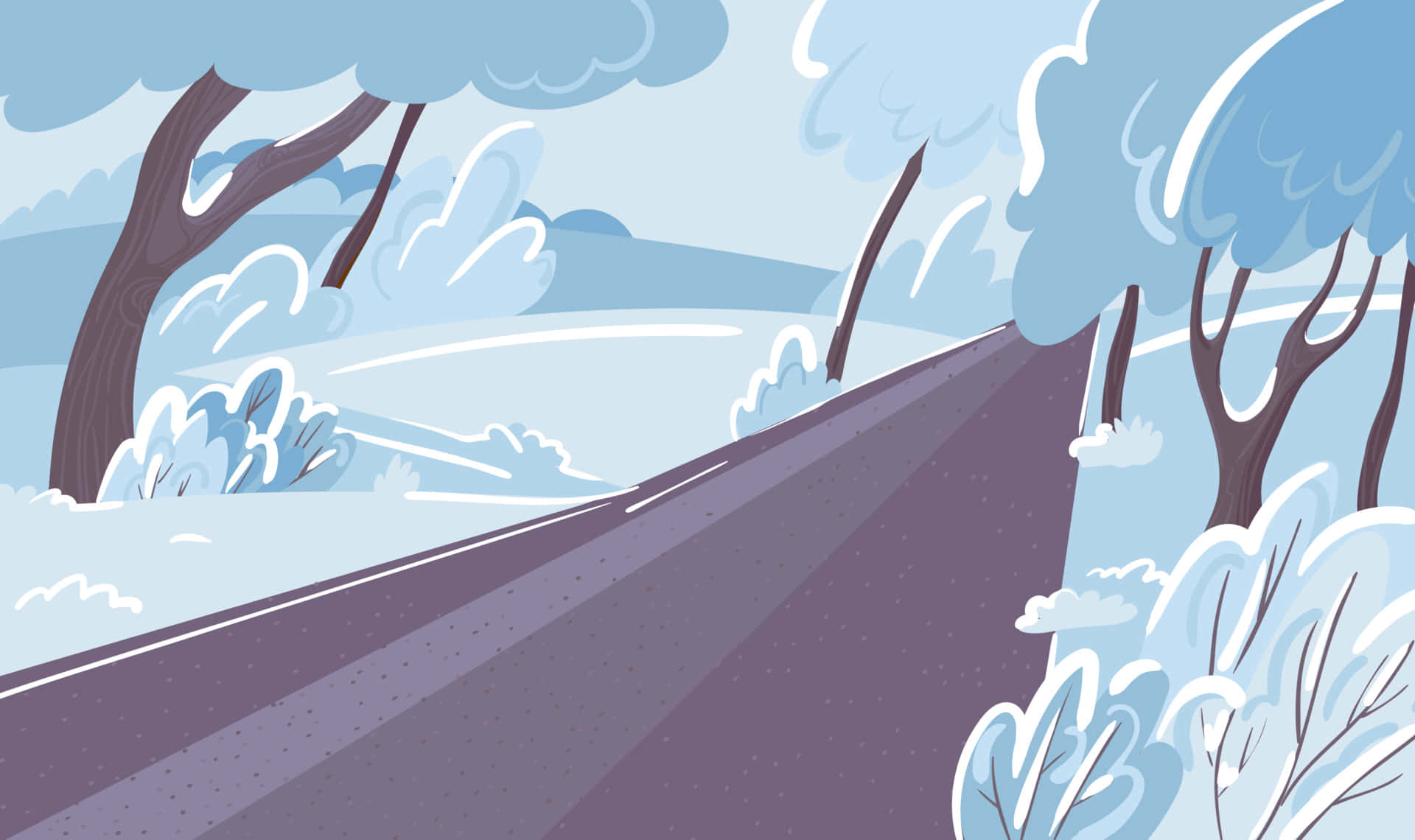 蜿蜒道路穿過雪林，光禿樹木與藍天。 — 彩虹小馬 GIF 壁紙