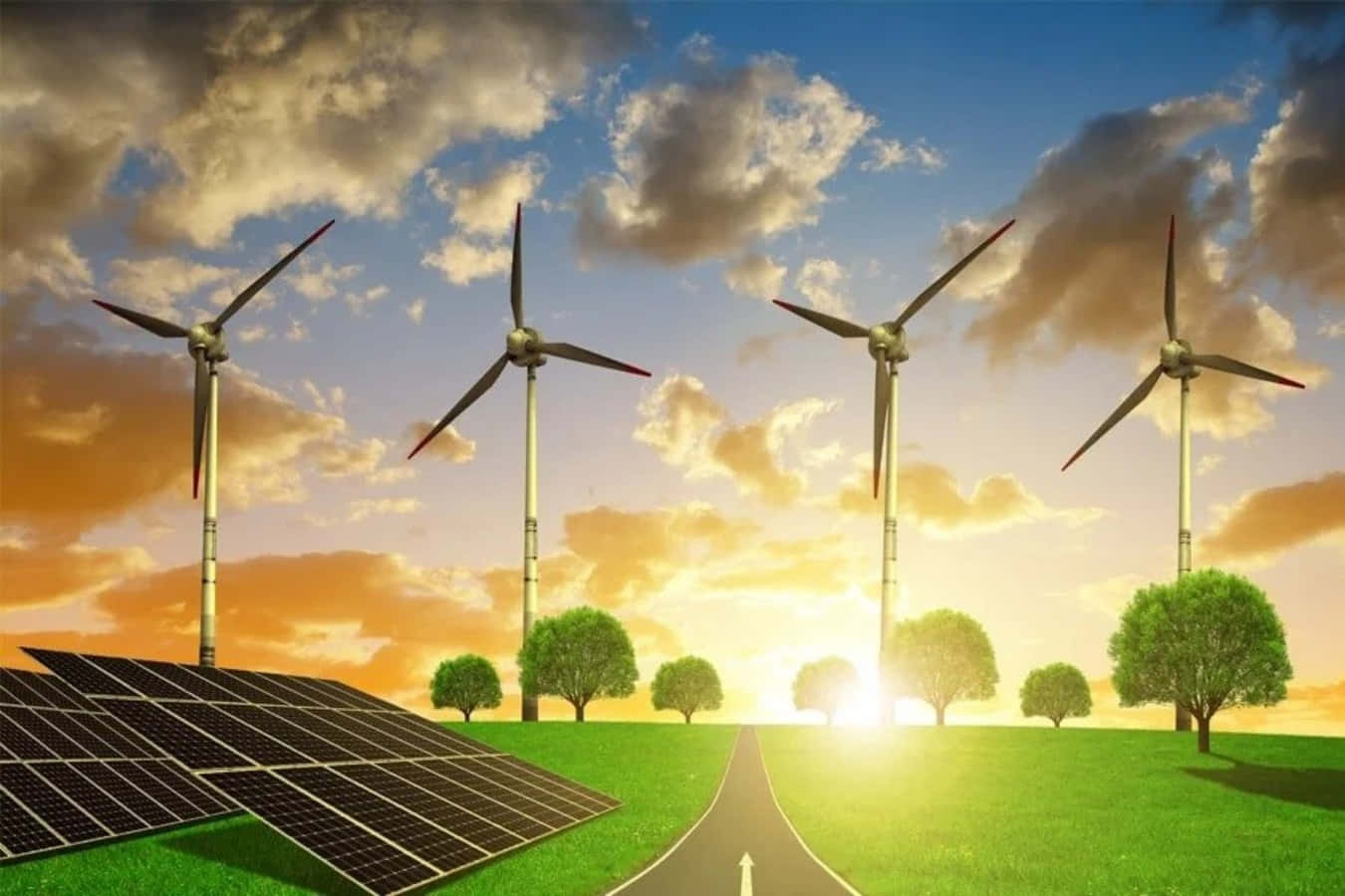 Energy 桌布 壁紙 — 一條蜿蜒的道路穿過風力渦輪機和太陽能電池板，通往一片翠綠田野上明亮的日出，天空佈滿戲劇性的雲彩。