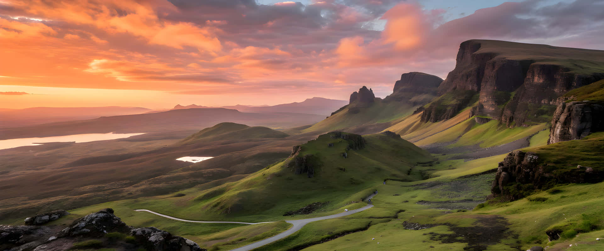 Sunrise moment in mountain landscapes 壁紙 — 一條蜿蜒的道路蜿蜒穿過充滿活力的綠色山丘，在熾熱的橙色和粉紅色日落天空下，遠處有山脈。