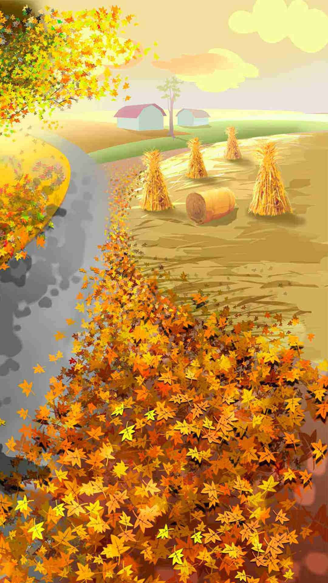 Autumn iPhone 6 Plus 桌布 壁紙 — 一條蜿蜒的道路覆蓋著金色的楓葉，經過乾草捆和遠處的農舍，在柔和的秋天下。