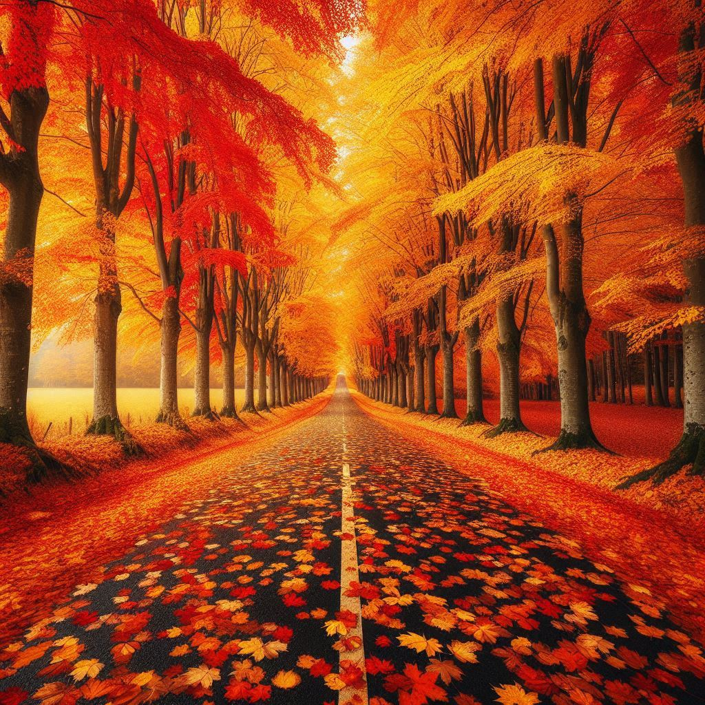 Falco Grice 桌布 壁紙 — 一條蜿蜒的道路覆蓋著鮮豔的紅色和橙色楓葉，延伸進一條發光的秋日森林隧道。