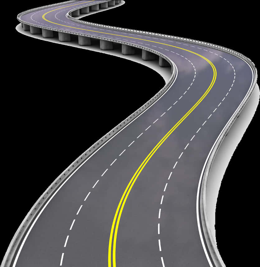 Road 桌布 壁紙 — 一條蜿蜒的高架高速公路，帶有黃色和白色的車道標線，在純黑色背景上優雅地彎曲。