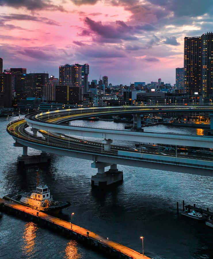Rainbow Bridge 桌布 壁紙 — 一條蜿蜒的高速公路橋在黃昏時分彎曲在黑暗的水面上，粉紫色雲彩和城市燈光倒映在水面。