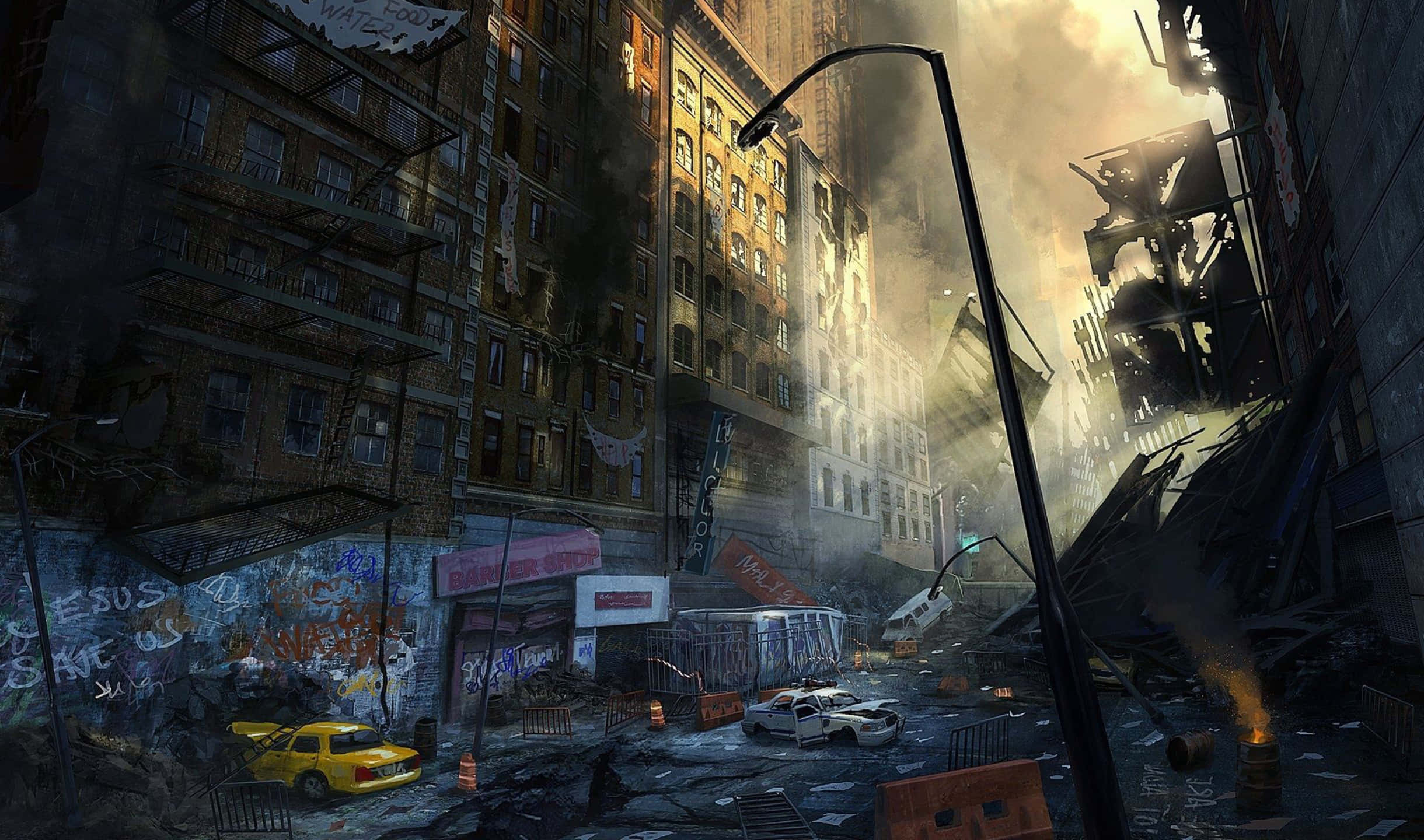 2440x1440 Crysis 3 桌布 壁紙 — 一條被毀的城市街道，倒塌的建築物、升起的煙霧和被遺棄的汽車，籠罩在朦朧的天空下。