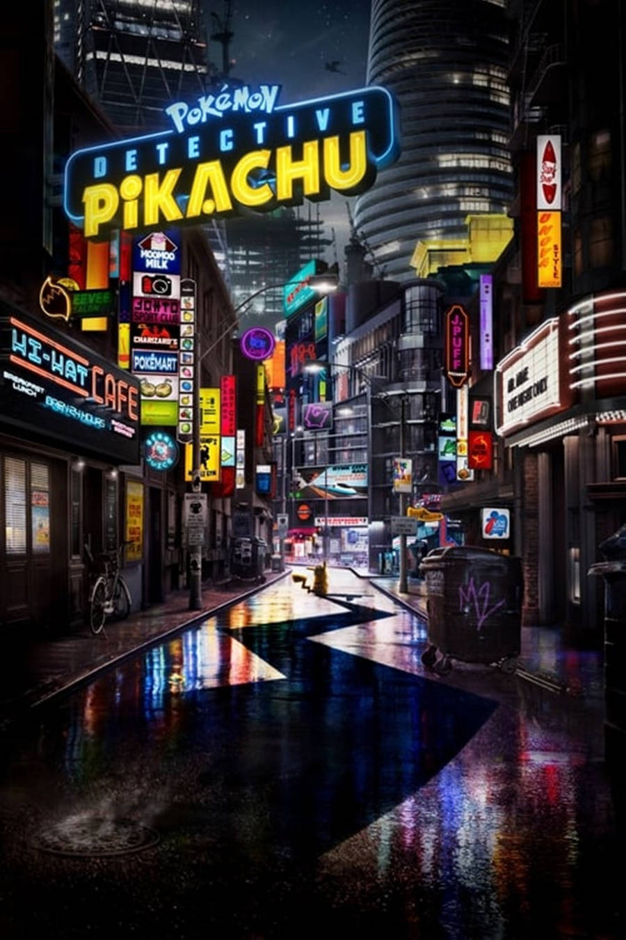 Pokemon Detective Pikachu 桌布 壁紙 — 一條被雨水打濕、霓虹燈閃爍的夜晚城市街道，反射著來自《POKÉMON 神探Pikachu》電影海報的鮮豔發光標誌。