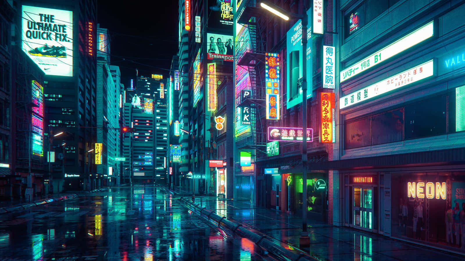 Epic Neon 桌布 壁紙 — 一條被雨水打濕、霓虹燈閃爍的夜晚城市街道，反射出高聳建築物上發光的招牌，營造出賽博龐克氛圍。