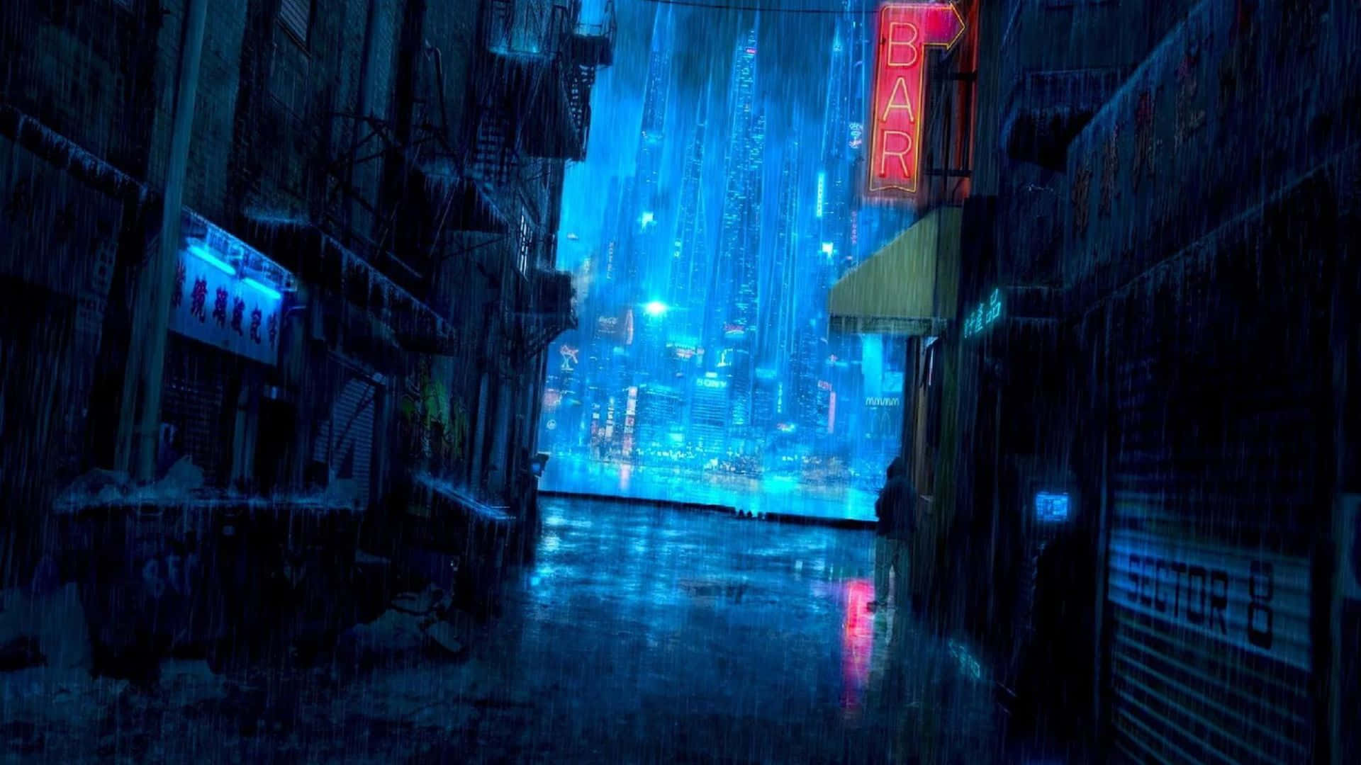 動漫 桌布 壁紙 — 一條被雨水浸濕、霓虹燈照亮的小巷，在賽博龐克城市中展現出遠處高聳的摩天大樓，發出藍色光芒。