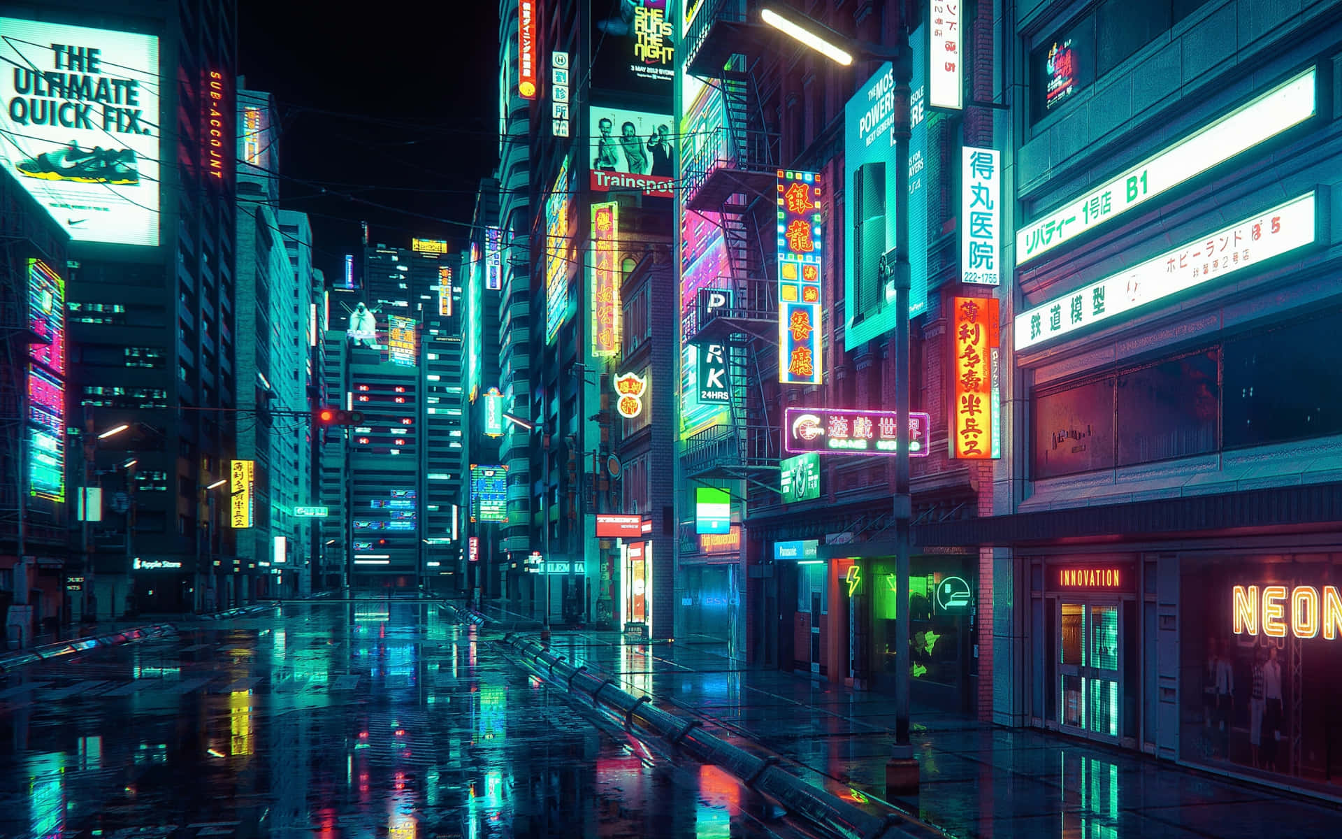 桌布 壁紙 — 一條被雨水浸濕、霓虹燈閃爍的城市街道在夜晚反射出高聳建築物上鮮豔發光的招牌，呈現出賽博龐克的城市場景。