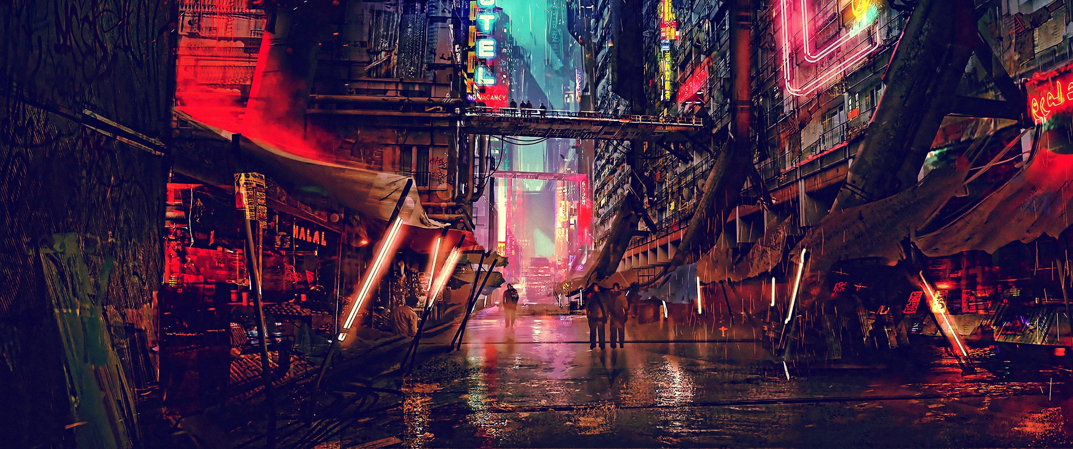 桌布 壁紙 — 一條被雨水浸濕、霓虹燈閃爍的科幻小巷，高聳的建築物和發光的招牌在濕漉漉的路面上倒映。