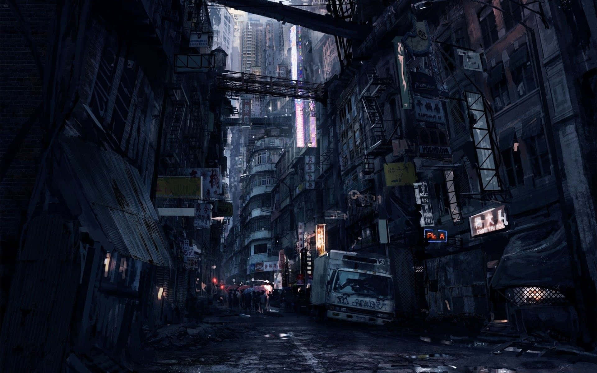 Dark Cyberpunk 桌布 壁紙 — 一條被雨水浸濕的小巷，位於反烏托邦城市，高聳的破舊建築和霓虹燈在陰暗中閃爍。