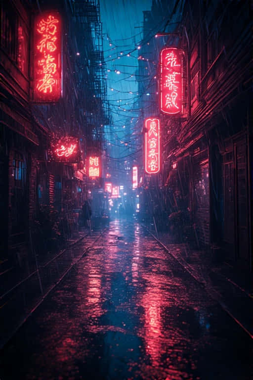 Rainy Neon Lit Alleyway at Night Surreal 8K 壁紙 — 一條被雨水浸濕的小巷在深藍色夜空下閃爍著鮮紅色霓虹燈招牌，倒映在濕漉漉的路面上。