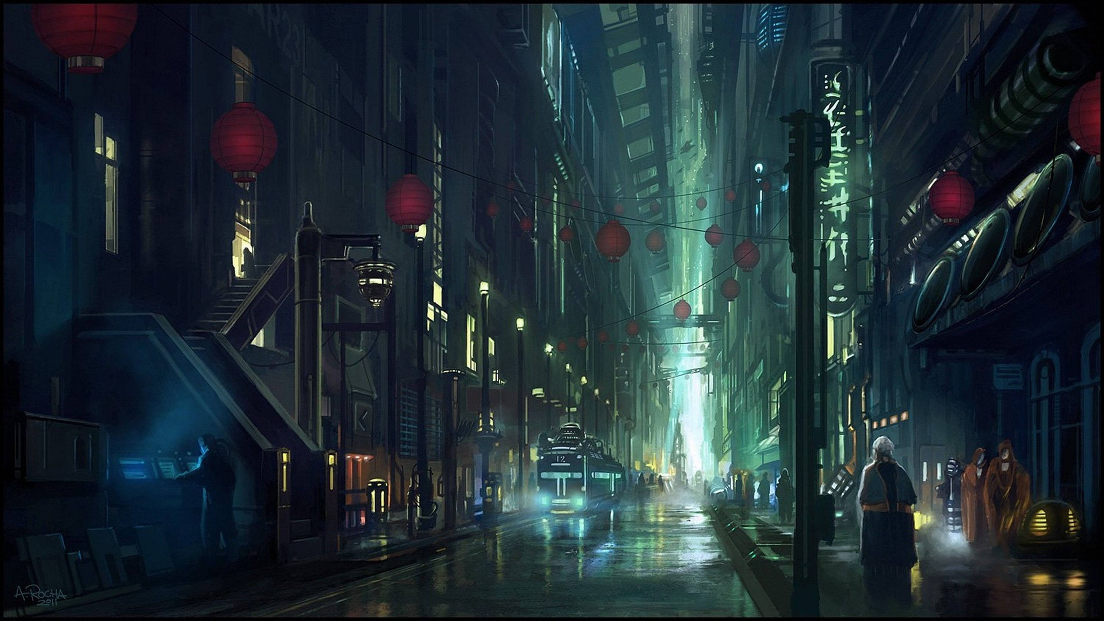 lofi 桌布 壁紙 — 一條被雨水浸濕的賽博朋克小巷，霓虹燈和紅色燈籠閃爍，孤獨的身影在高聳的建築物下行走。