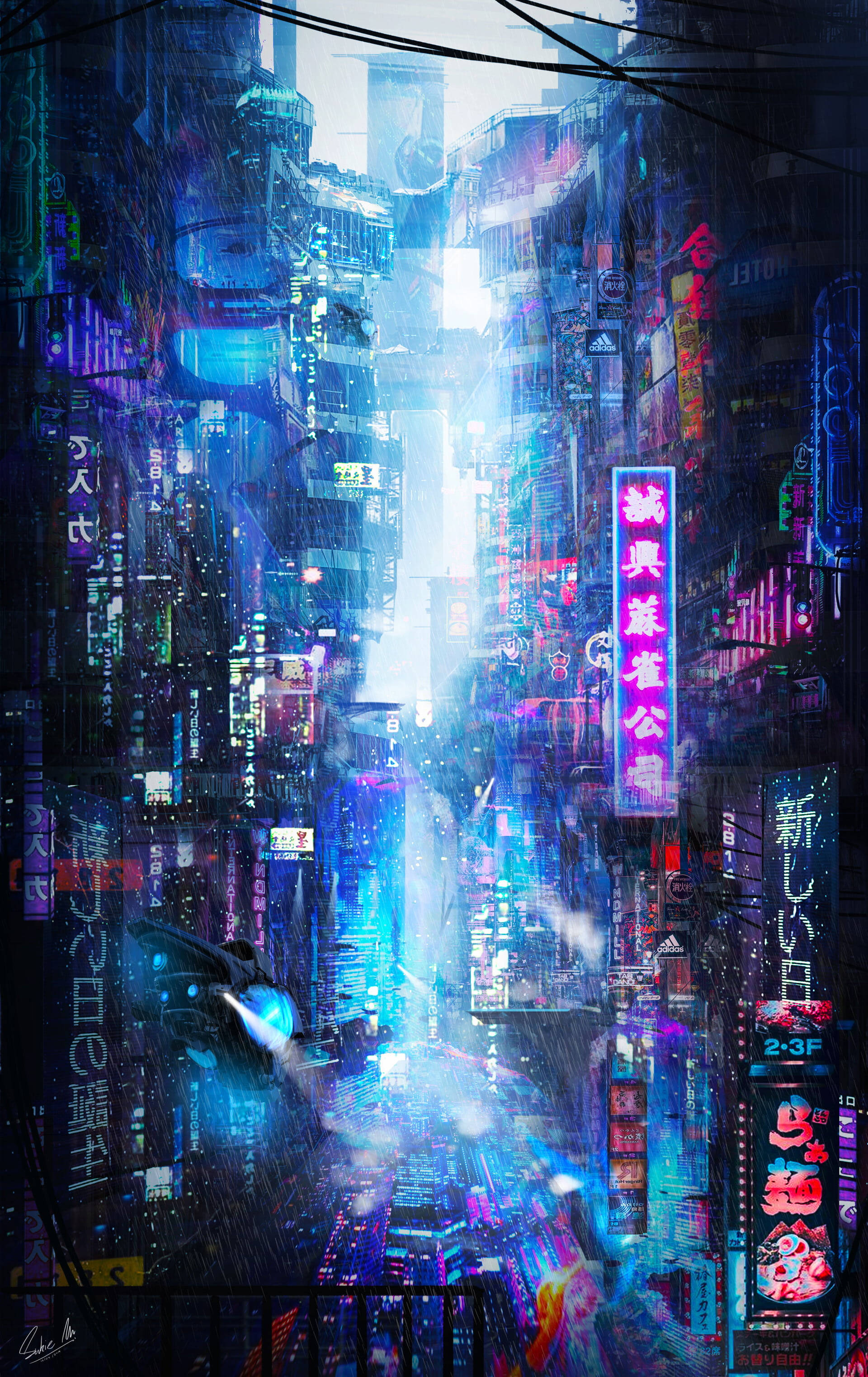 東京 桌布 壁紙 — 一條被雨水浸濕的賽博龐克小巷，在朦朧的暮色天空下，霓虹燈牌和高聳的摩天大樓閃閃發光。
