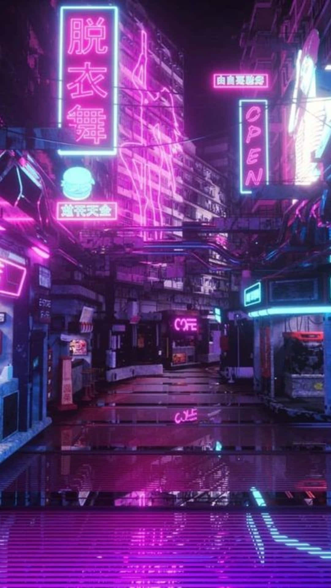 Epic Neon 桌布 壁紙 — 一條被雨水浸濕的霓虹小巷在夜晚，在 cyberpunk 天空下，充滿活力的粉紅色和藍色標誌在潮濕的路面上反射著脈動。