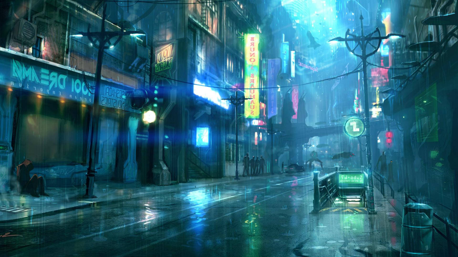 桌布 壁紙 — 一條被雨水浸透、霓虹燈照亮的 cyberpunk 街道，夜晚中發光的招牌在濕漉漉的路面上倒映，孤獨的身影在閃爍的燈光下行進。
