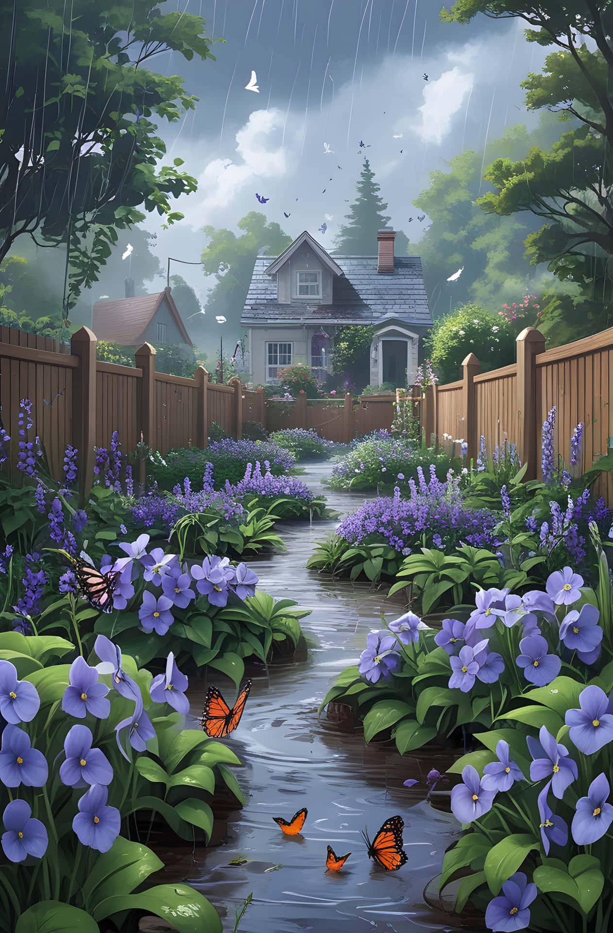 Butterfly Cottage Sanctuary 壁紙 — 一條被雨水浸透的花園小徑，兩旁種滿紫色花朵和橙色蝴蝶，通往樹林中的舒適小屋。