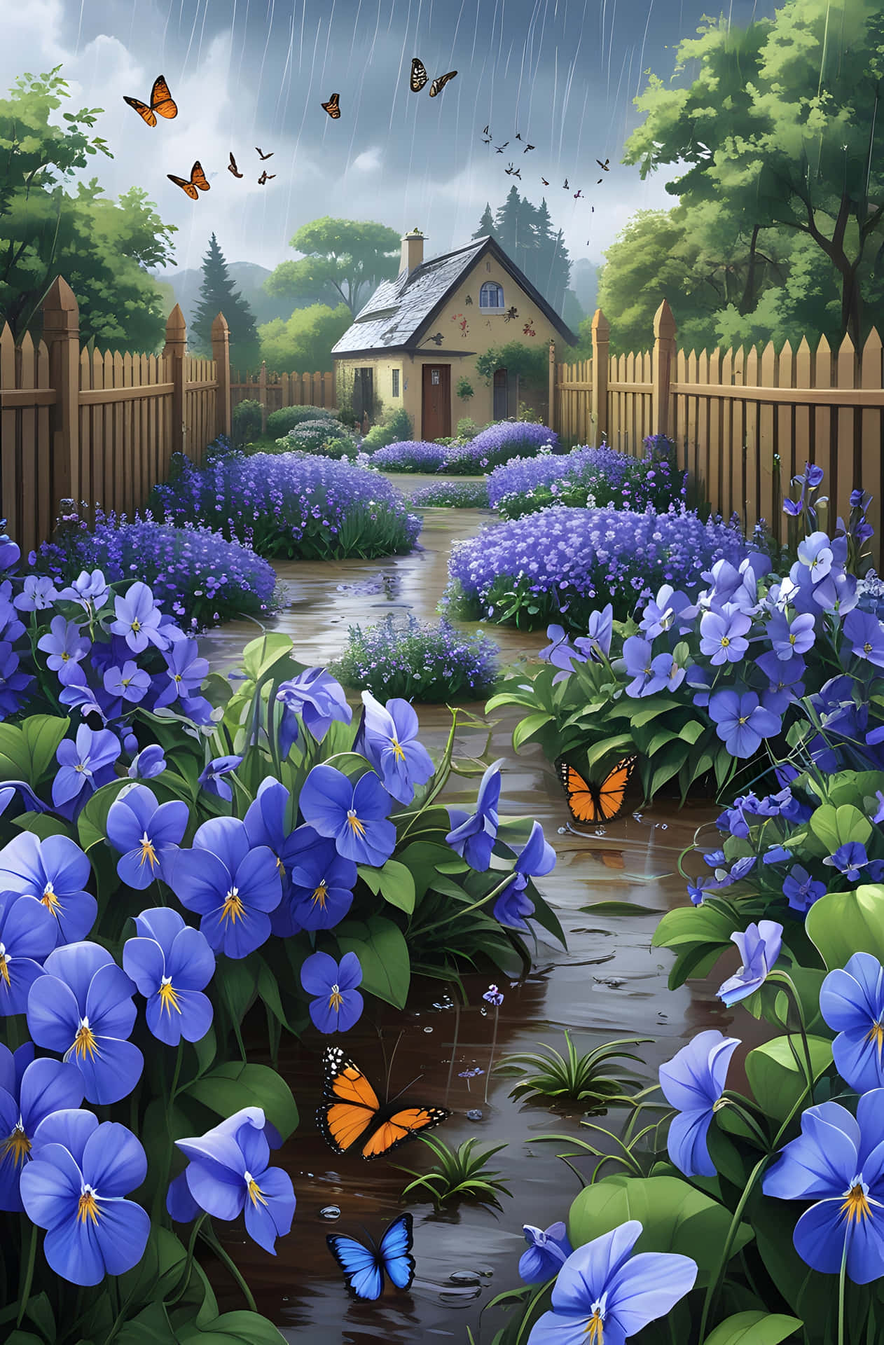Pansy Path in the Rain 壁紙 — 一條被雨水浸透的花園小徑，兩旁種滿了鮮豔的藍色花朵，通向一間舒適的小屋，周圍有翩翩起舞的蝴蝶和茂密的綠樹。