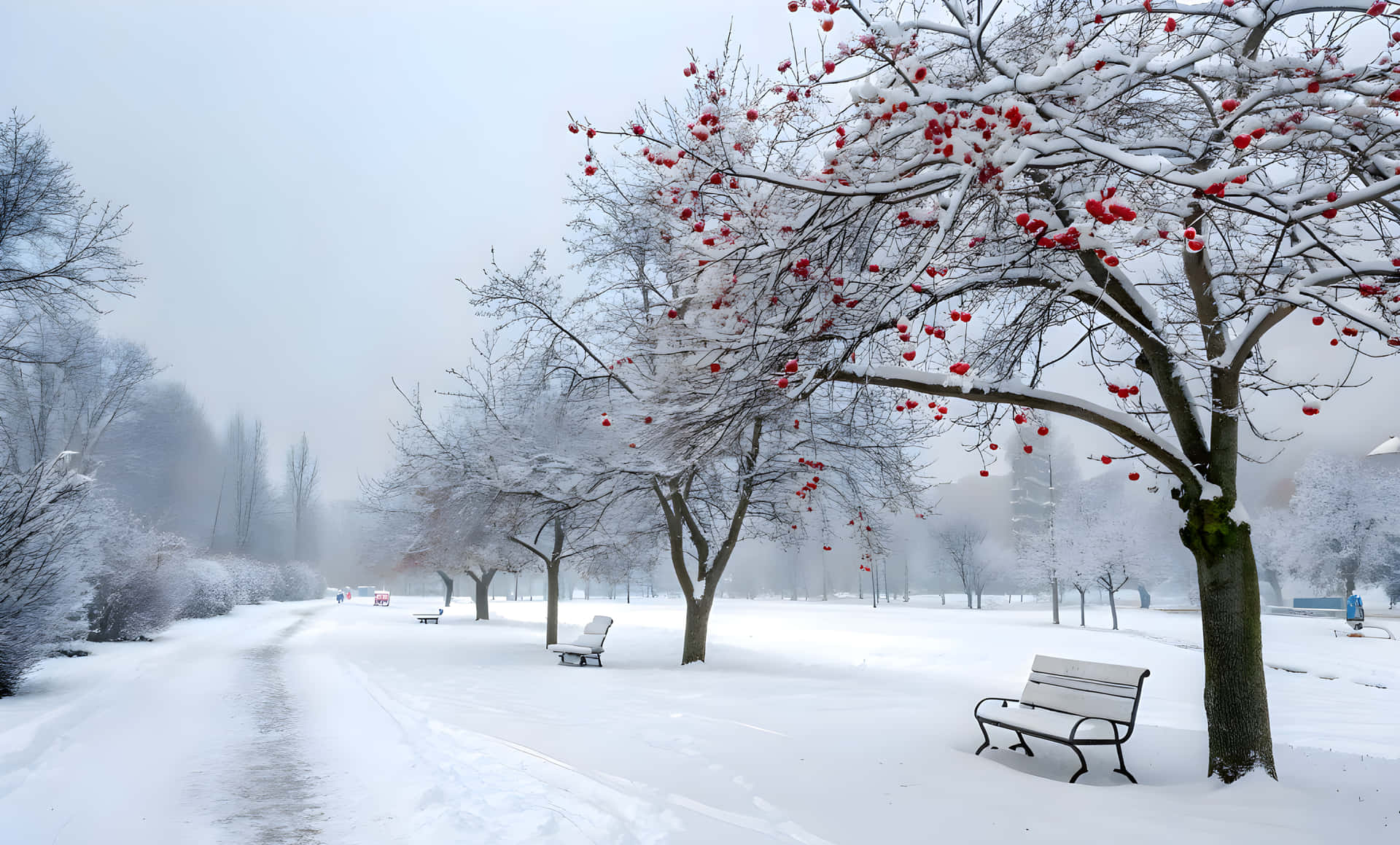 Winter city park at snowfall with red wild apple trees 壁紙 — 一條被雪覆蓋的公園小徑，兩旁是光禿禿的樹木，樹上掛著鮮紅色的漿果，空蕩蕩的長椅在灰色的冬日天空下。