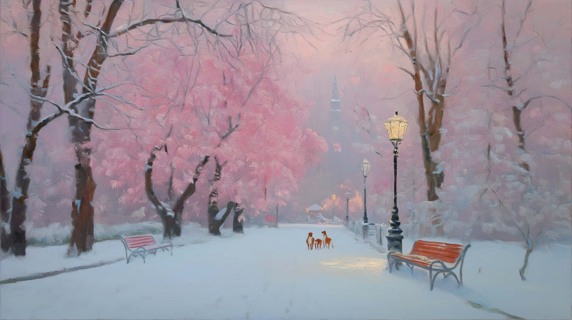 Serene Winter Park Path with Snow-Covered Trees 壁紙 — 一條被雪覆蓋的公園小徑，兩旁是沾滿雪的樹木，在柔和的暮色天空下發出粉紅色的光芒，兩隻鹿在中間行走。