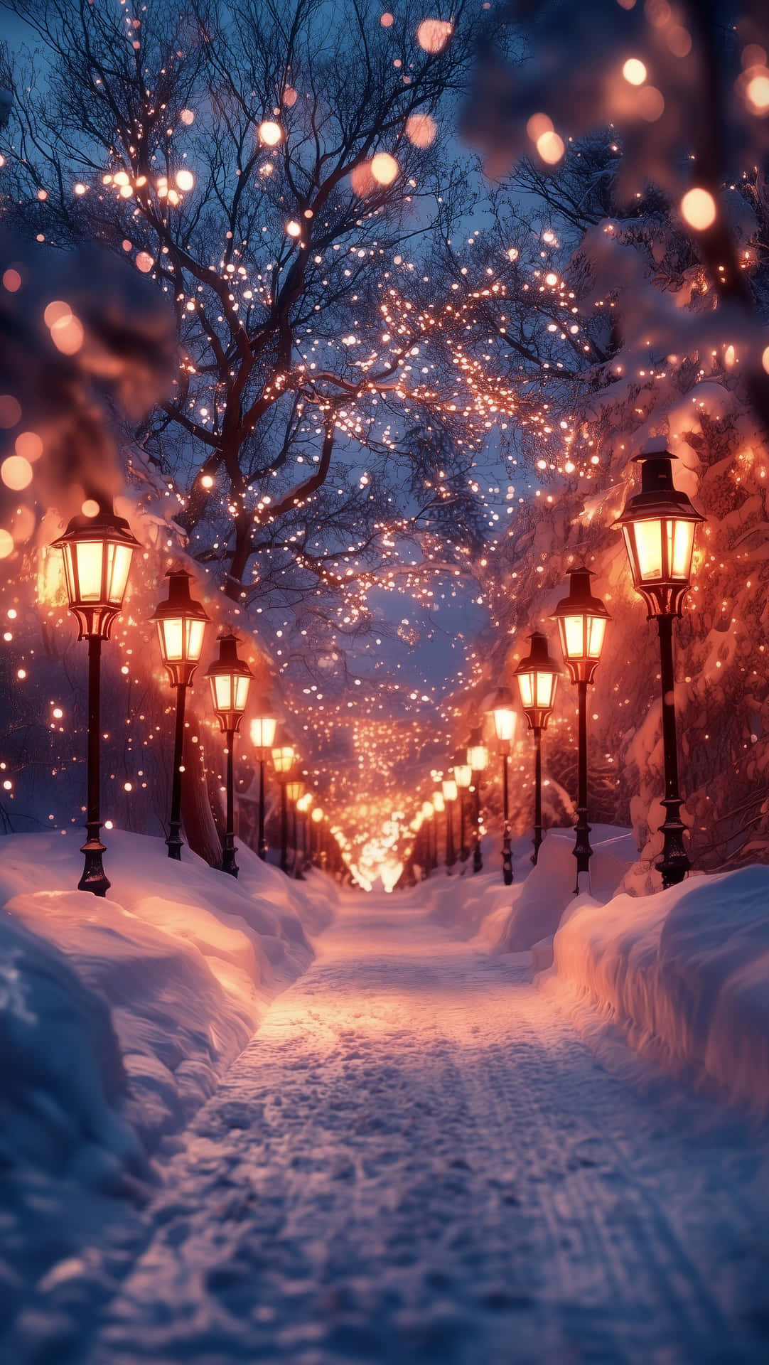 Christmas Wallpapers 壁紙 — 一條被雪覆蓋的小路，兩旁掛著發光的燈籠，在星光璀璨的暮色天空下穿過冬季森林。