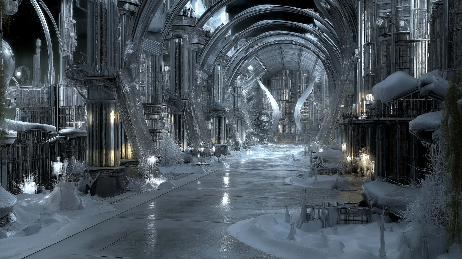 Ethereal Ice City Interior: Frozen Arches and Snowy Path 壁紙 — 一條被雪覆蓋的未來城市街道，高聳的金屬拱門和發光的燈光反射在冰冷的路面上。