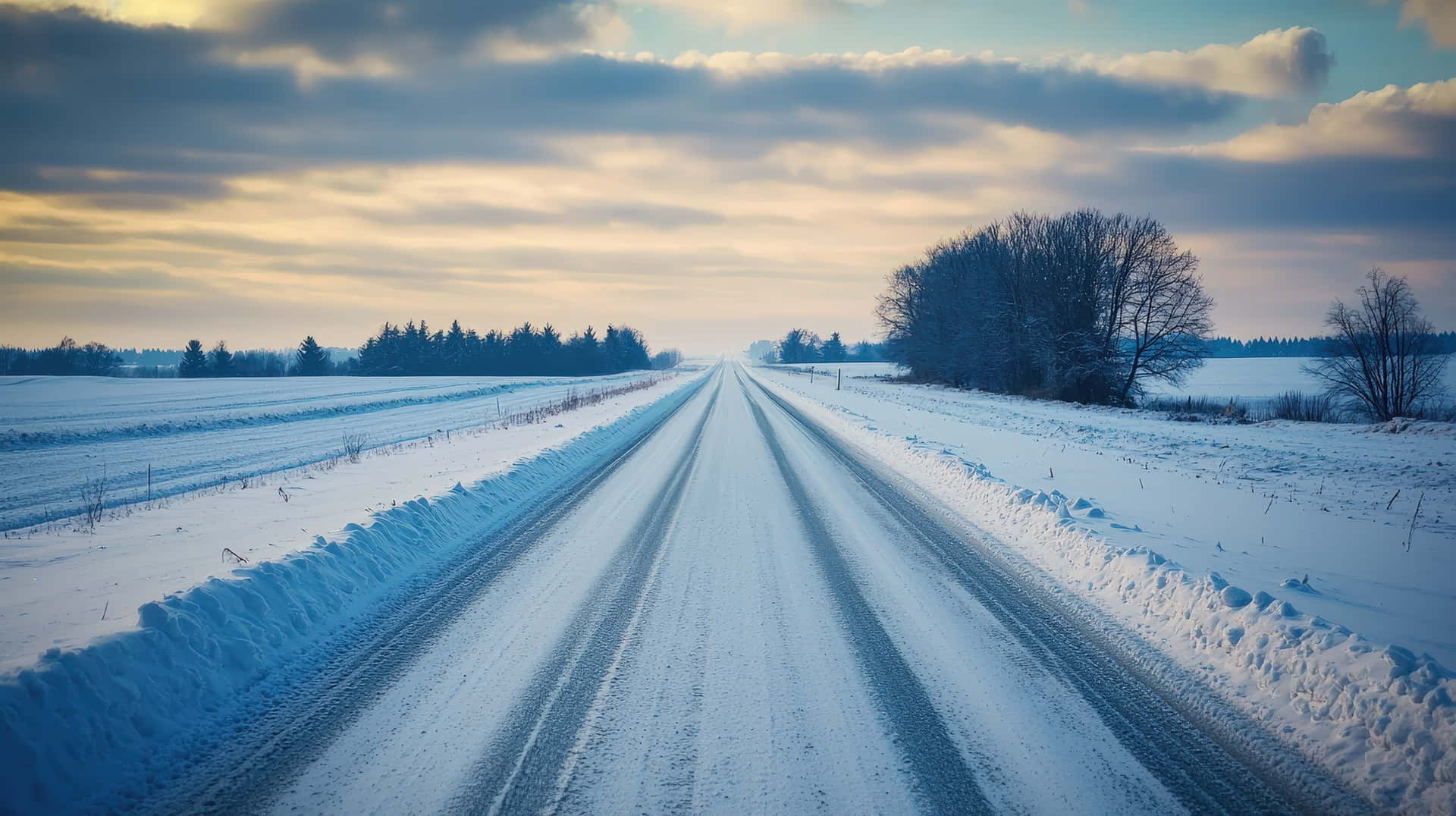 Snow-covered rural road stretching into the horizon under a winter sky 壁紙 — 一條被雪覆蓋的道路在戲劇性的多雲天空下延伸至遠方，天空呈現金黃色的日落色調。