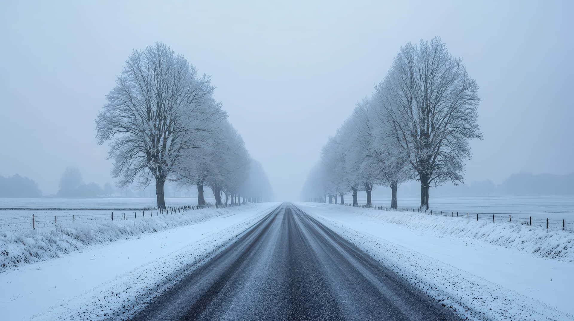 Long winter road lined with frost-covered trees disappearing into fog 壁紙 — 一條被雪覆蓋的道路延伸至霧濛濛的遠方，兩旁排列著掛滿霜的裸露樹木。