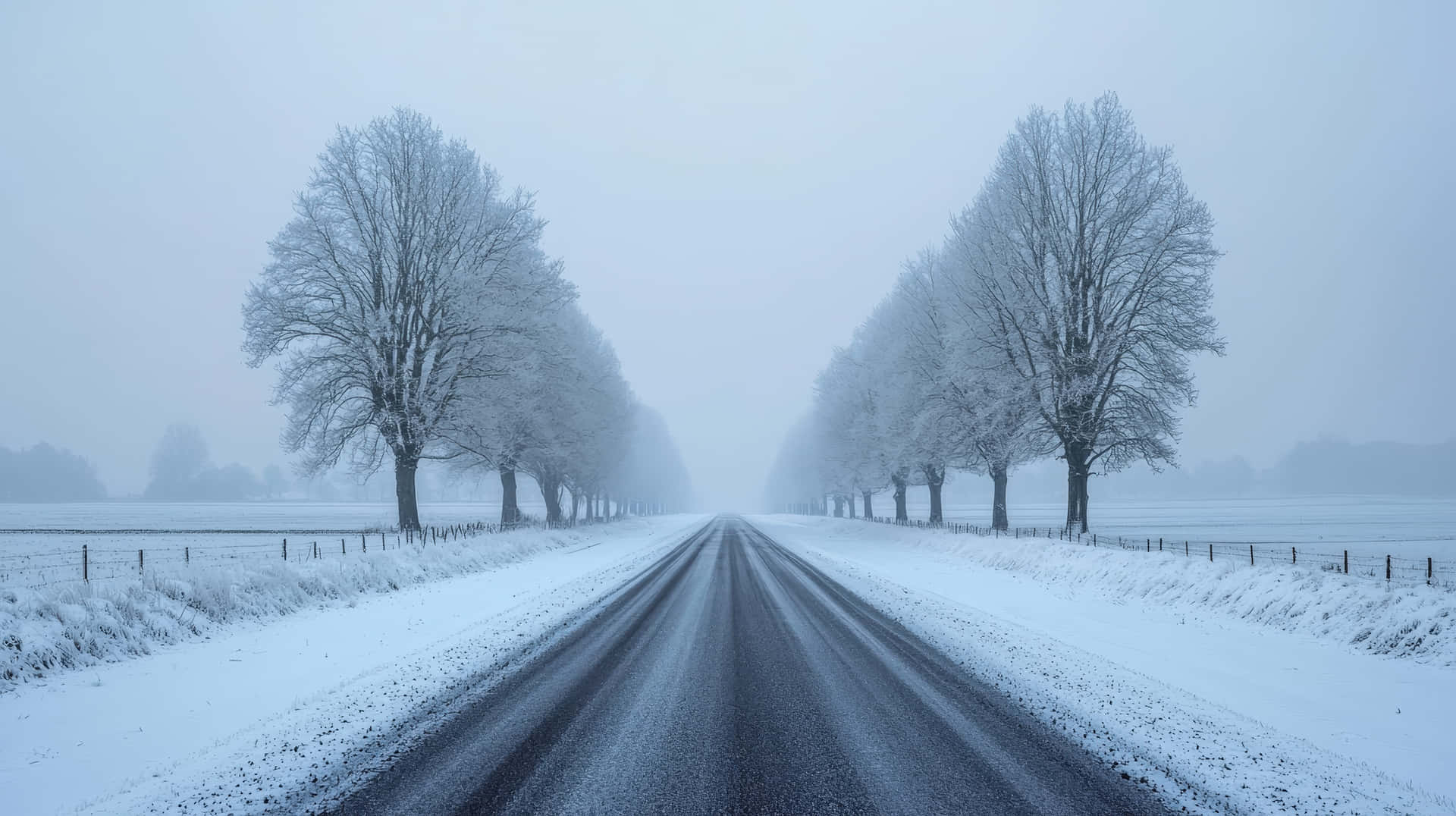 A straight road covered in snow stretches into the distance, flanked by frost-covered trees 壁紙 — 一條被雪覆蓋的道路延伸至霧濛濛的遠方，兩旁是結霜的樹木，構成寧靜的冬季景觀。