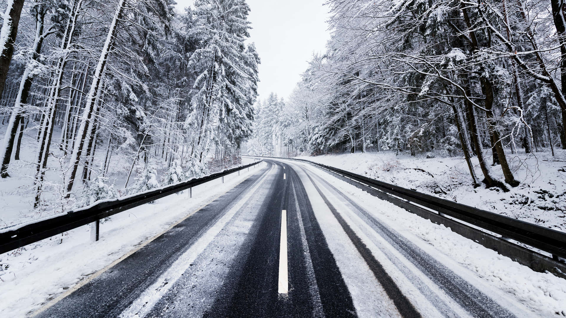 1920x1080 Winter 桌布 壁紙 — 一條被雪覆蓋的道路蜿蜒穿過茂密的冬季森林，高大的常綠樹被白雪覆蓋。